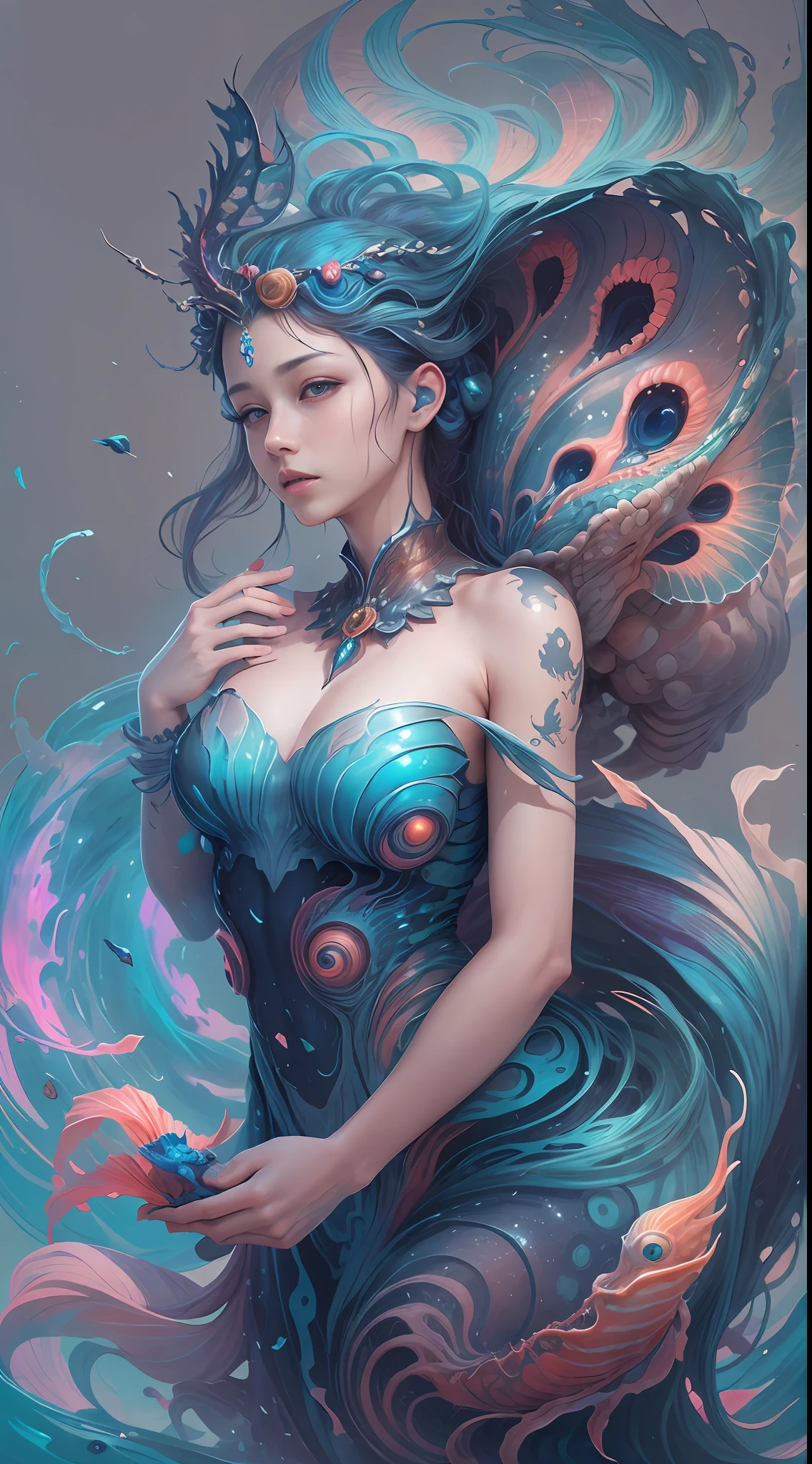 best qualtiy，tmasterpiece，超高分辨率，（photograph realistic：1.4），ultra-realistic realism，Dream-like，The beautiful blue-skinned goddess wears a phoenix peacock on her head, Nautilus, a betta fish，The creation of fantasy，Brain conch，Dream Conch，Biopunk Nautilus，Thrilling color scheme， ultra-realistic realism， abstracted， psychedelia,