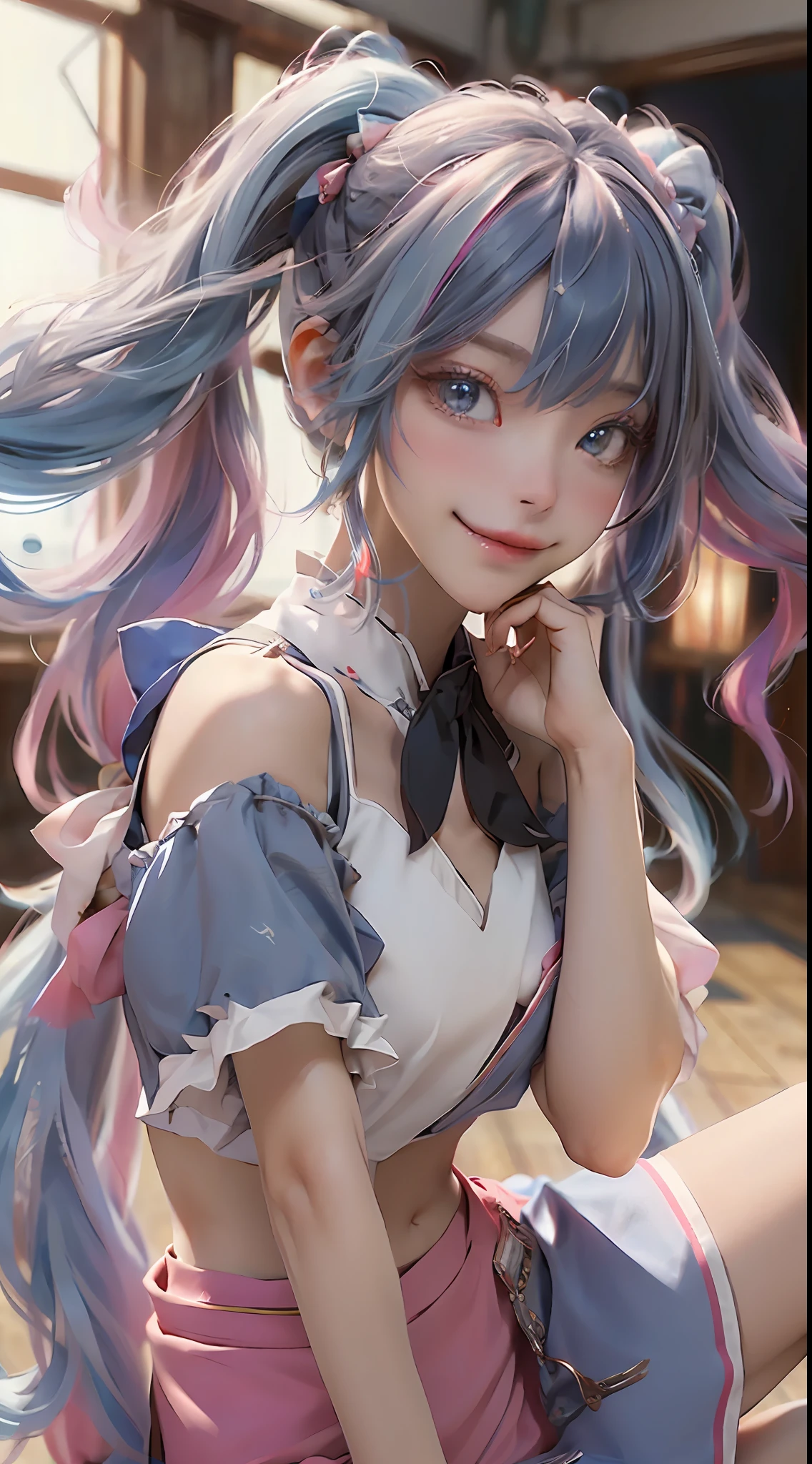 1girl, twintails, multicolored hair, hair ornament, hair over one eye, cat ears, blue eyes, blue hair, pink hair, smile, bow, solo, indoors, makeup, pleated skirt, long hair, bangs, pink nails, open mouth ,the most beautiful form of chaos, elegant, a brutalist designed, vivid colours, romanticism, atmospheric, (RAW photo, best quality), (realistic, photo-realistic:1.3), masterpiece, an extremely delicate and beautiful, extremely detailed, sitting,