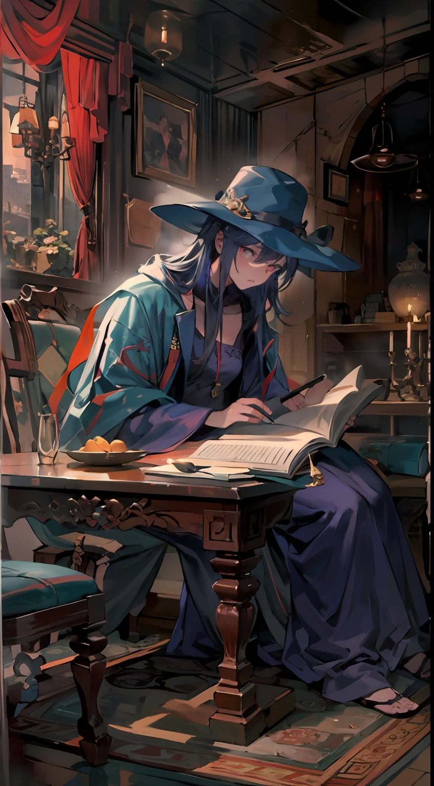 Western fantasy background，Late at night，Avas sits like a sculpture，Flipped through it motionlessly《Pastoral secrets》。Two weird purple-red tears，From the corner of Aivas's eye, Who sits at the table，As if he had lost his soul, He kept slipping、Tick down on the page。