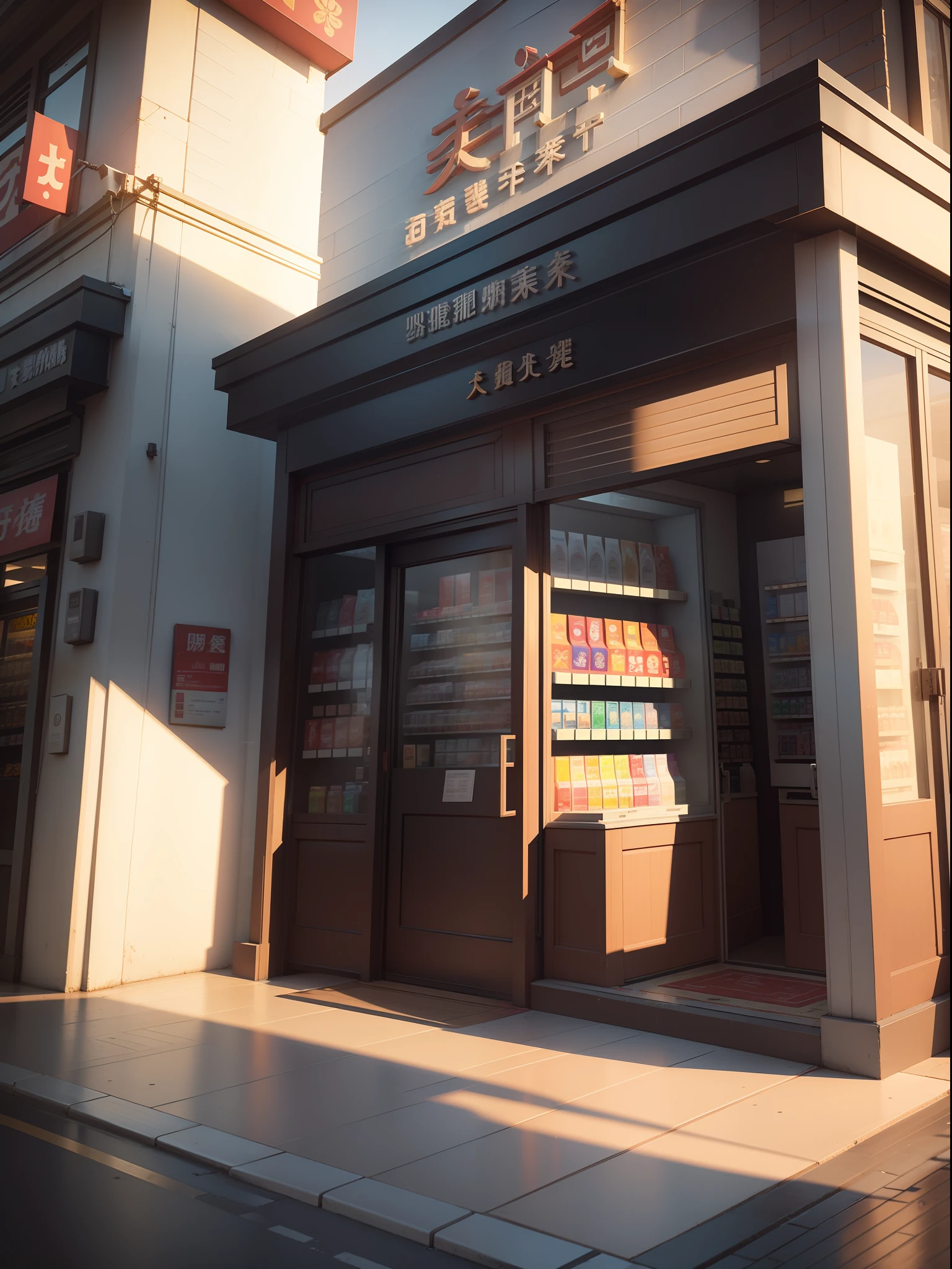 Draw a storefront,It has the logo of the Chinese written on it,shop front,In front of the convenience store,Frontal orientation,Opening scene,Convenience stores,shop front,stores,Sunny day,,tmasterpiece,best qualtiy,(hdr:1.25), (Intricate details:1.14), (hyperrealistic 3 d render:1.16), (cinematic ligh:0.55)