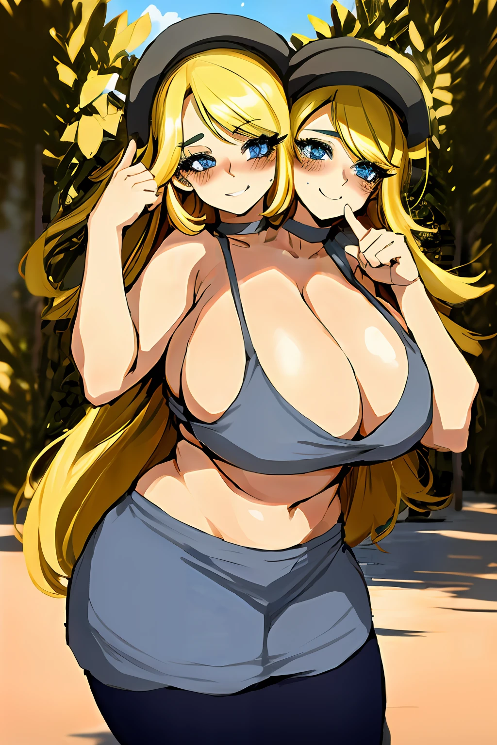 2heads, a short chubby woman with 2 heads. She has enormous breasts. She is outside in a park. She is wearing a tight colorful bikini top and leggings. She is wearing a hat. She has gigantic breasts. She has long blonde hair. She is sweating. She looks exhausted. She is smiling. She is blushing. She has enormous breasts. Her breasts are very circular and round.