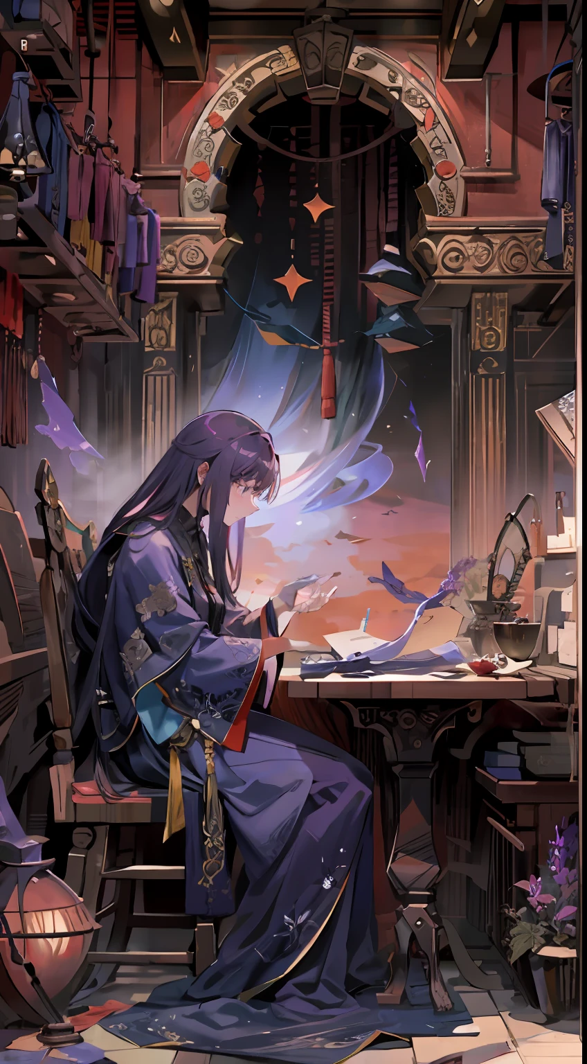 Western fantasy background，Late at night，Avas sits like a sculpture，Flipped through it motionlessly《Pastoral secrets》。Two weird purple-red tears，From the corner of Aivas's eye, Who sits at the table，As if he had lost his soul, He kept slipping、Tick down on the page。