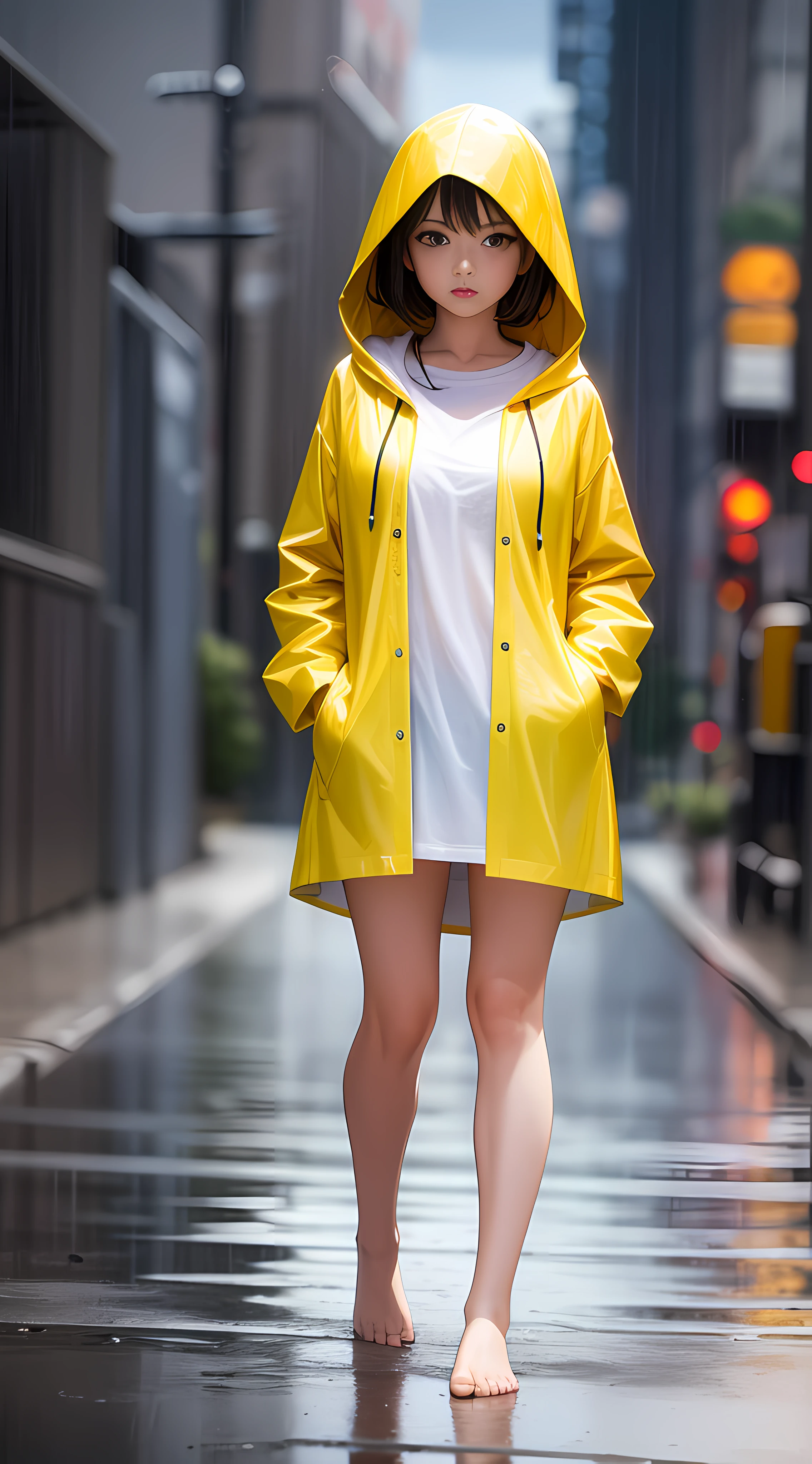 A teenage girl,Wearing a yellow hooded raincoat,stand posture,full body pov,Barefoot,Standing in heavy rain,Accentuate the texture of raincoats and gelcoats,Accentuates the translucent texture of the raincoat