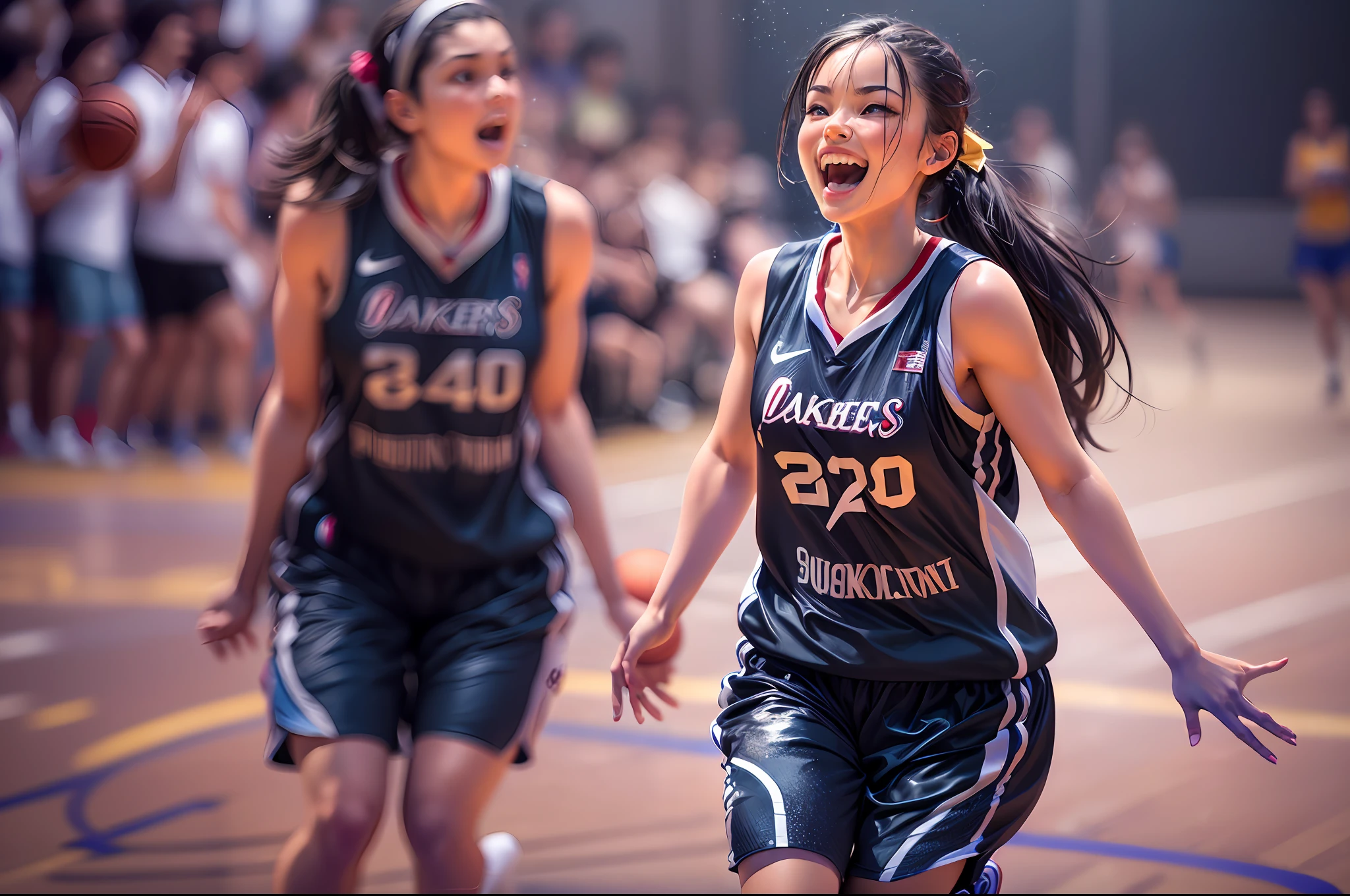 (Full Body Shot:1.3), Bokeh:1.2, Dynamic Angle, ((Professional Basketball field)), Cheering Audience, 
girls,  Fit, Black hair, pony-tail, Basketball Uniform, sparkly skin, Wet hair, jumping, Play Basketball, Laughter, 
Detailed face, (Raw foto, Best Quality, Masterpiece:1.2), (realisitic, Realistis:1.37), Professional Lighting, light on the face,