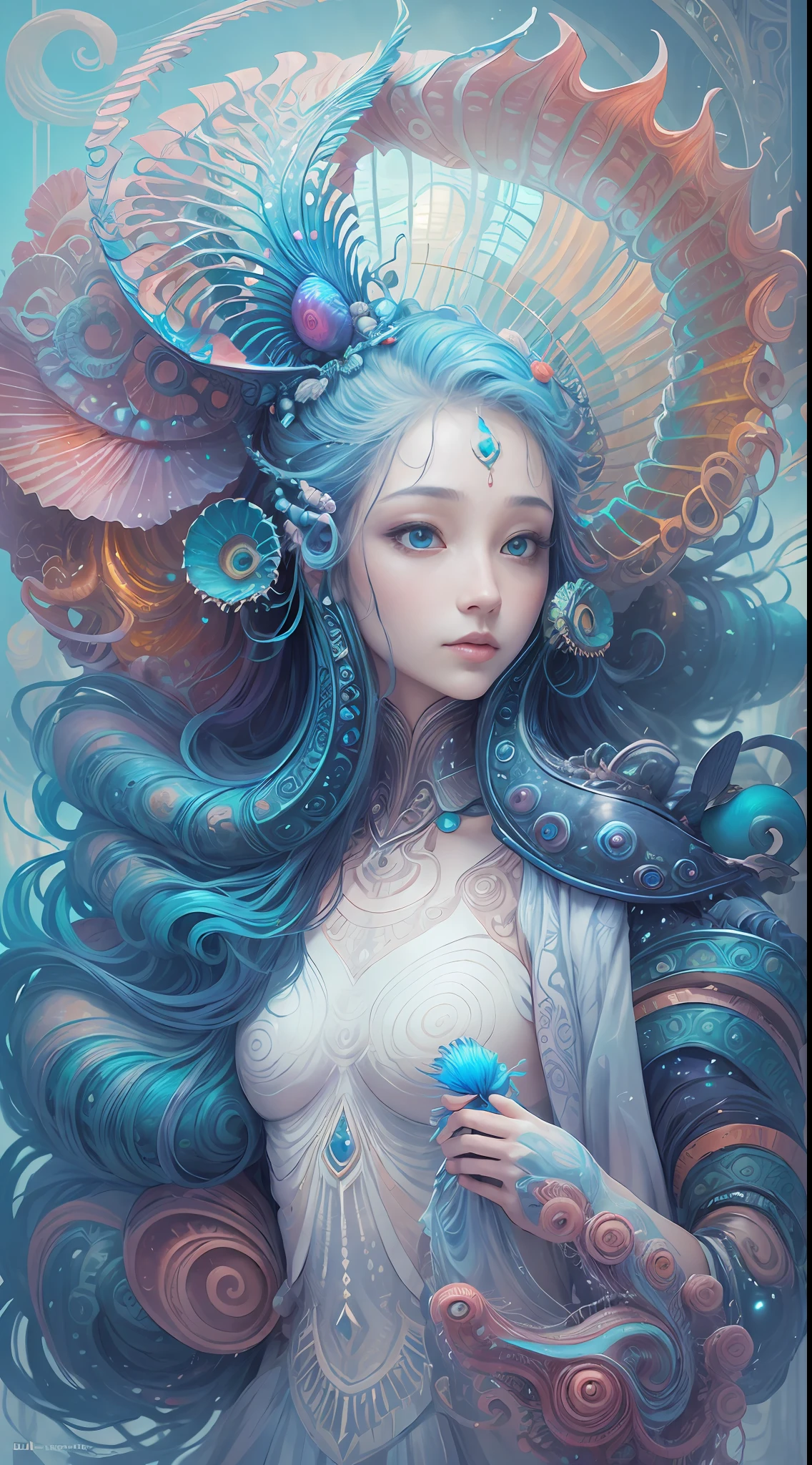best qualtiy，tmasterpiece，超高分辨率，（photograph realistic：1.4），ultra-realistic realism，Dream-like，The beautiful blue-skinned goddess wears a phoenix peacock on her head, Nautilus, a betta fish，The creation of fantasy，Brain conch，Dream Conch，Biopunk Nautilus，Thrilling color scheme， ultra-realistic realism， abstracted， psychedelia,