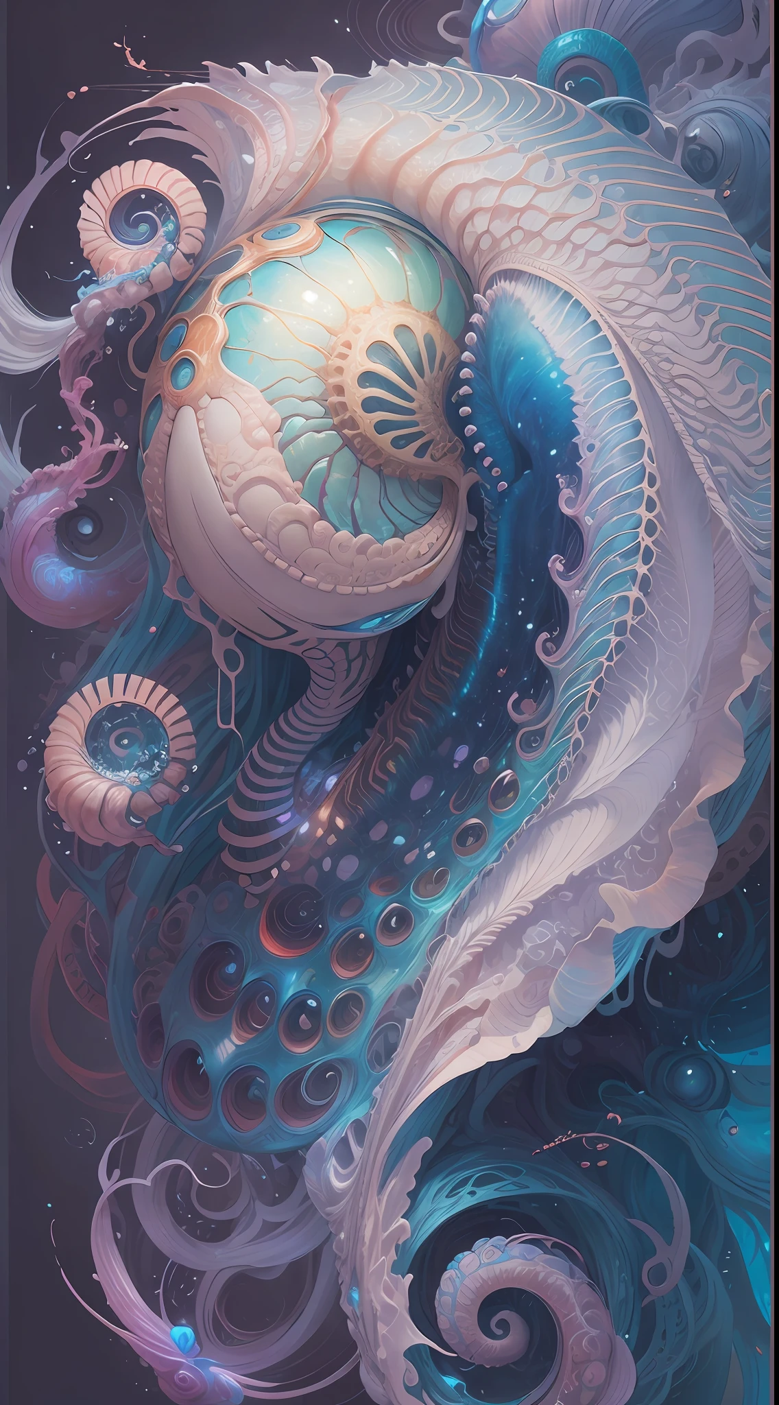 best qualtiy,tmasterpiece,超高分辨率,(photograph realistic:1.4),ultra-realistic realism,Dream-like,The beautiful blue-skinned goddess wears a phoenix peacock on her head, Nautilus, a betta fish,The creation of fantasy,Brain conch,Dream Conch,Biopunk Nautilus,Thrilling color scheme, ultra-realistic realism, abstracted, psychedelia,