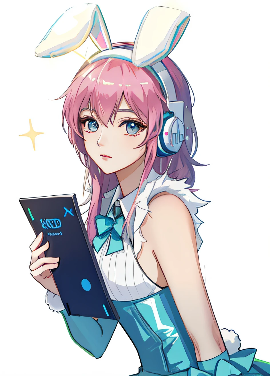 Anime girl holding tablet wearing cool glitter gaming headset,Wearing furry rabbit ears, with headphone, kda, Wearing a gaming headset,Wearing a gaming headset, Fine masterpiece,a beauty girl,4K masterpiece,grand master,Wear a delicate dress,