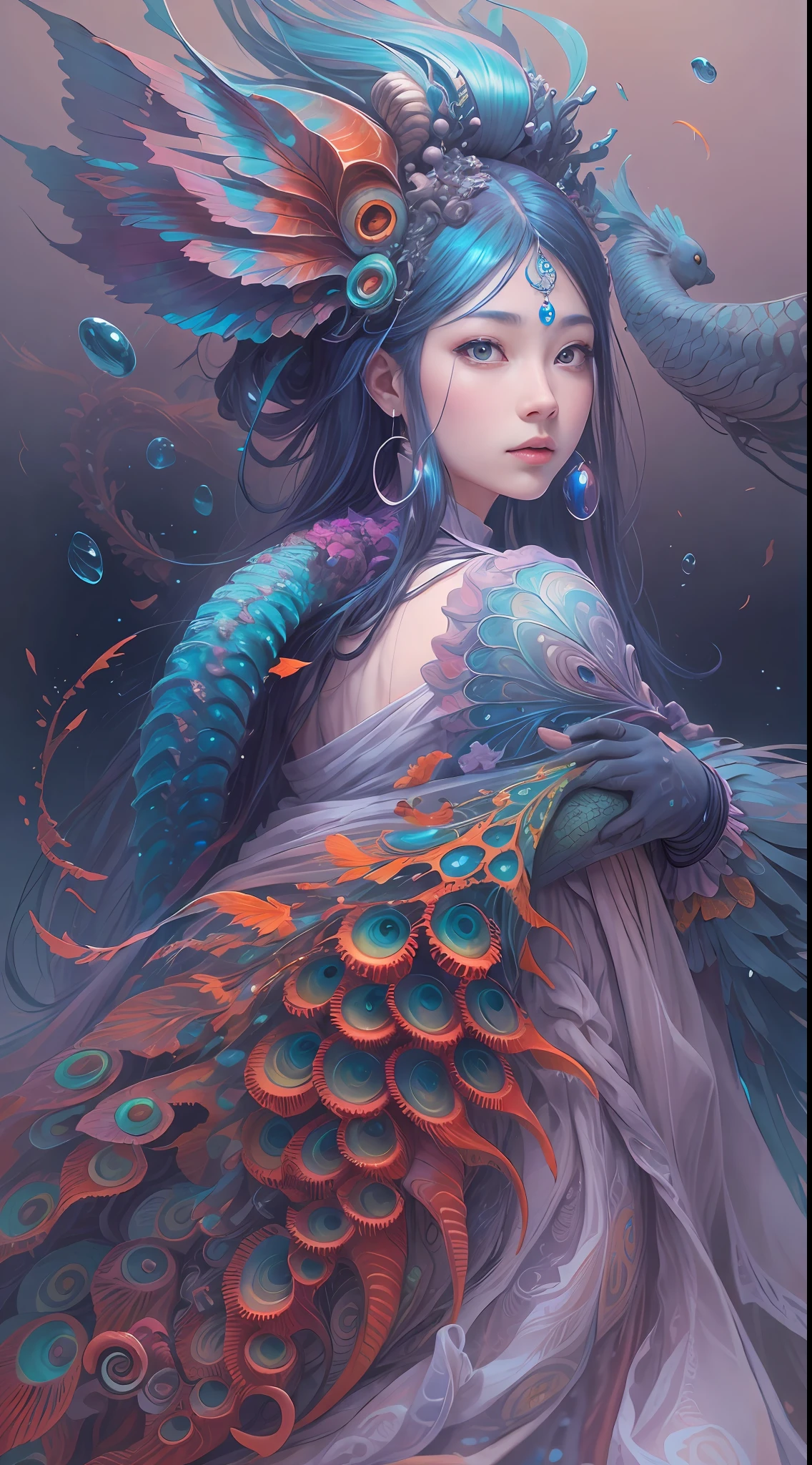 best qualtiy，tmasterpiece，超高分辨率，（photograph realistic：1.4），ultra-realistic realism，Dream-like，The beautiful blue-skinned goddess wears a phoenix peacock on her head, Nautilus, a betta fish，The creation of fantasy，Brain conch，Dream Conch，Biopunk Nautilus，Thrilling color scheme， ultra-realistic realism， abstracted， psychedelia,