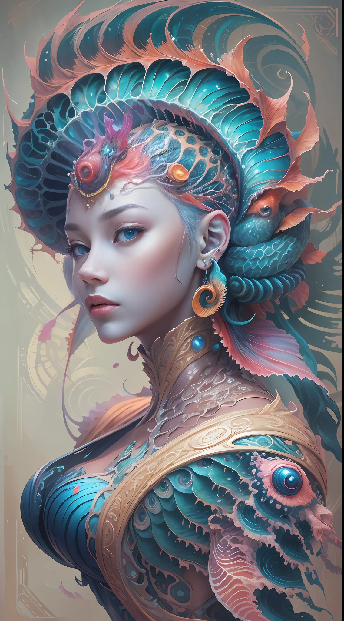 best qualtiy,tmasterpiece,超高分辨率,(photograph realistic:1.4),ultra-realistic realism,Dream-like,The beautiful blue-skinned goddess wears a phoenix peacock on her head, Nautilus, a betta fish,The creation of fantasy,Brain conch,Dream Conch,Biopunk Nautilus,Thrilling color scheme, ultra-realistic realism, abstracted, psychedelia,