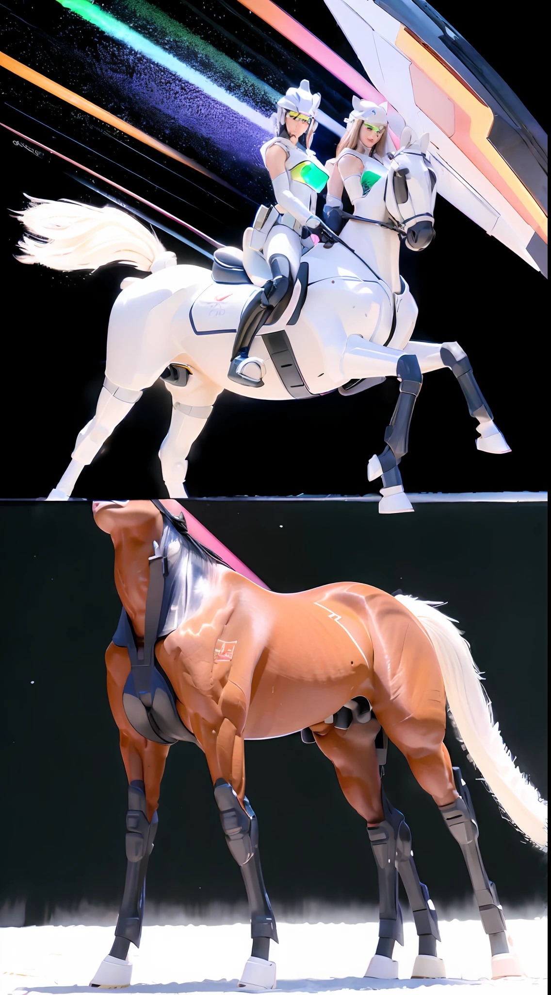 A female centaur，She is famous in the multiverse，She is both a female centaur, half human, half horse, half horse，It is also a female Yingzhao。She blends both images，The first is the head of a horse/neck/Shoulder these parts，After feminization，The upper body transforms into a beautiful female human，Female, half-centaur, half-human, half-horse, half-human，The second is the waist of the horse/hason/gluteal/Legs feminine，Female half-horse with beautiful woman's，Chimer，It's like a female human wearing a half-horse-like costume and making a seamless chimera，This chimerization is based on powerful futuristic technology。The ultra-wide-angle lens captures the image of her sleek and ethereal wings charging and leaping on the ionosphere。Her front half is distinctly feminine，Tall sexy body，Has K cup teardrop-shaped giant tit chest，It has a small man's waist butterfly spanning long legs，The half-horse part of the hind body，Embedded interface in the front half of the body hip position。The horse-shaped, half-horse torso form of her back body is completely female and humanized。A sexy bent dog-style shaped ribcage embedded in the lower back position of the beautiful woman's body from the upper end of the sternum/lower back/Ventral transverse。Then there are the sexy beauty's upright hips，Her entire body has been completely feminized，Including the half-horse part。Mechanized armor covers the legs with knee-shaped anti-joints and feet，And these parts are highly anthropomorphic，This makes her legs graceful and slender，Her four horse legs are bursting in length proportions, and she is slender and toned，Under the legs are skinny white feet dressed in Skyscraper Heels，Use Midjourney's advanced stroke tools and color palettes, as well as texture packs, model packs, and texture tools，Concentration，Femaleize all parts of her original equine physiologic appearance，And give these parts an ergonomic appearance，Fine treatment of the thoracic and abdominal cavity of the posterior body，As well as h