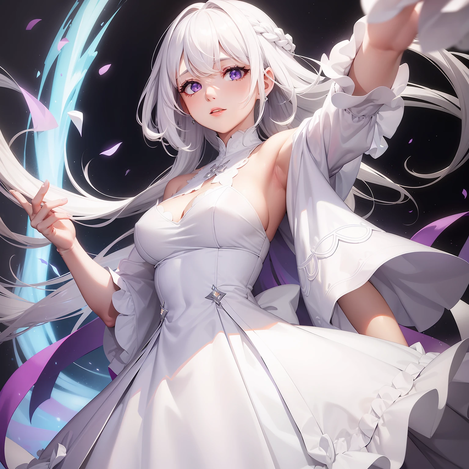 a women, white hair, purple eyes, white dress