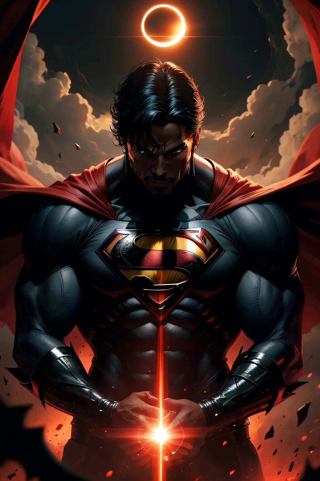 Black Hell Superman,The eye shoots a scarlet laser,Holding Batman's head in his hand,The day of the eclipse,There is a huge broken moon in the sky