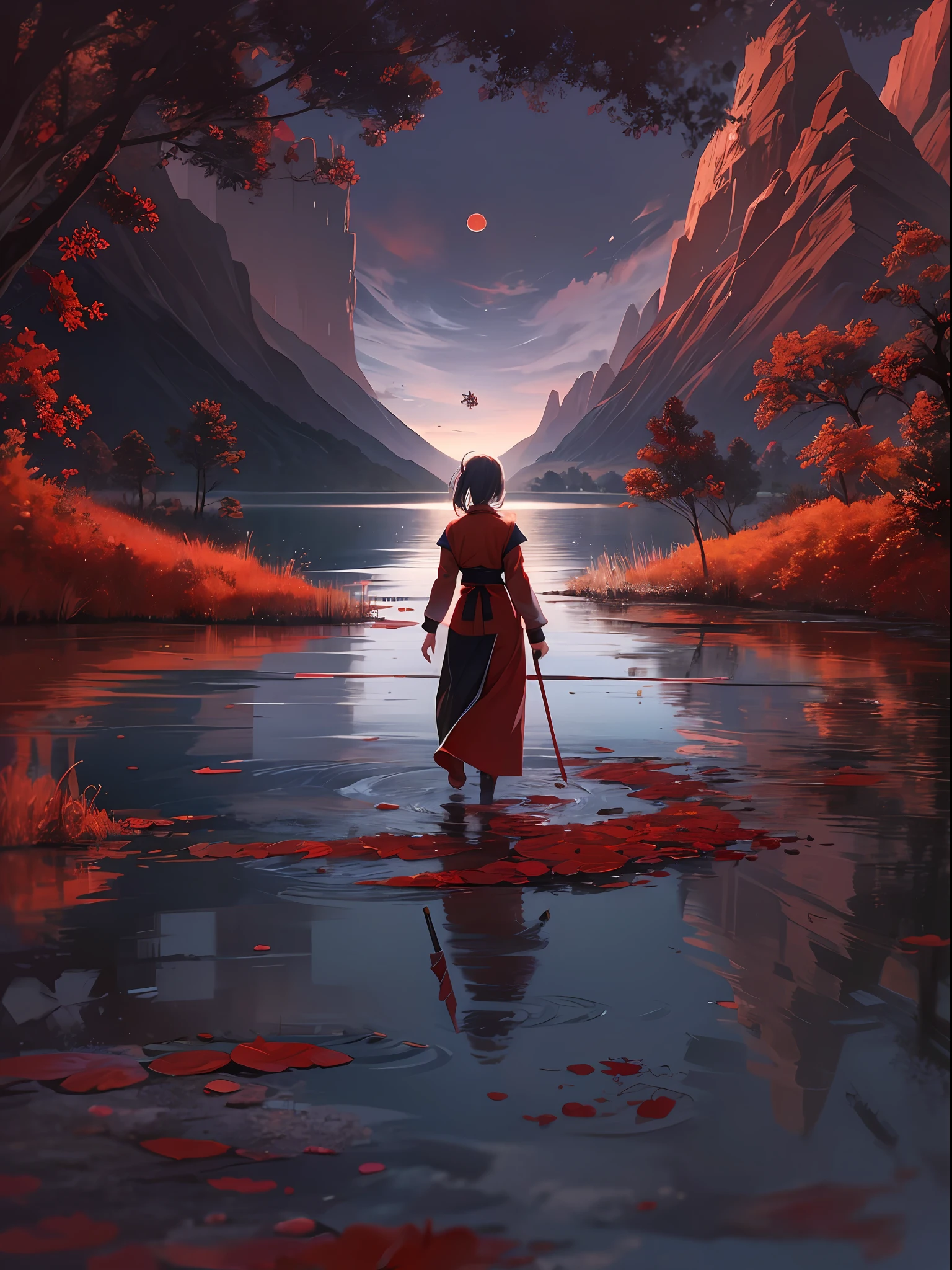 a beautiful and cute female walks on the lake in the mountain, the surface of the lake show that the female's two charactor's sides, above the lake is her light and kind side, below the lake is her dark and haemophius side, she is a female ninja, a blood moon on the sky, blood filled under the lake, wonderful lake and awesome blood field,