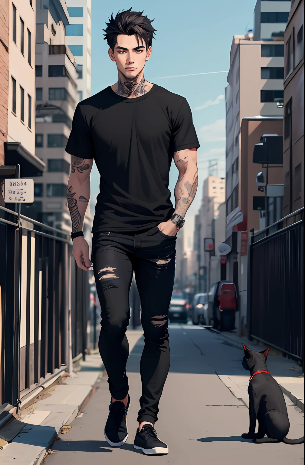 1boy, black t-shirt, jeans pants,full right hand tattoo, detail body, full body, 8k resolution, cityscape, hair two block, skinny body, cat