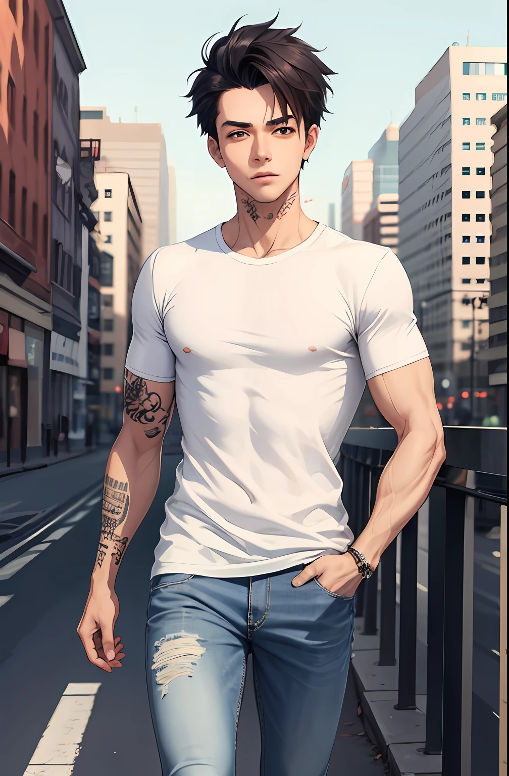 1boy, white t-shirt, jeans pants, right hand tattoo, detail body, full body, 8k resolution, cityscape, hair two block, skinny body