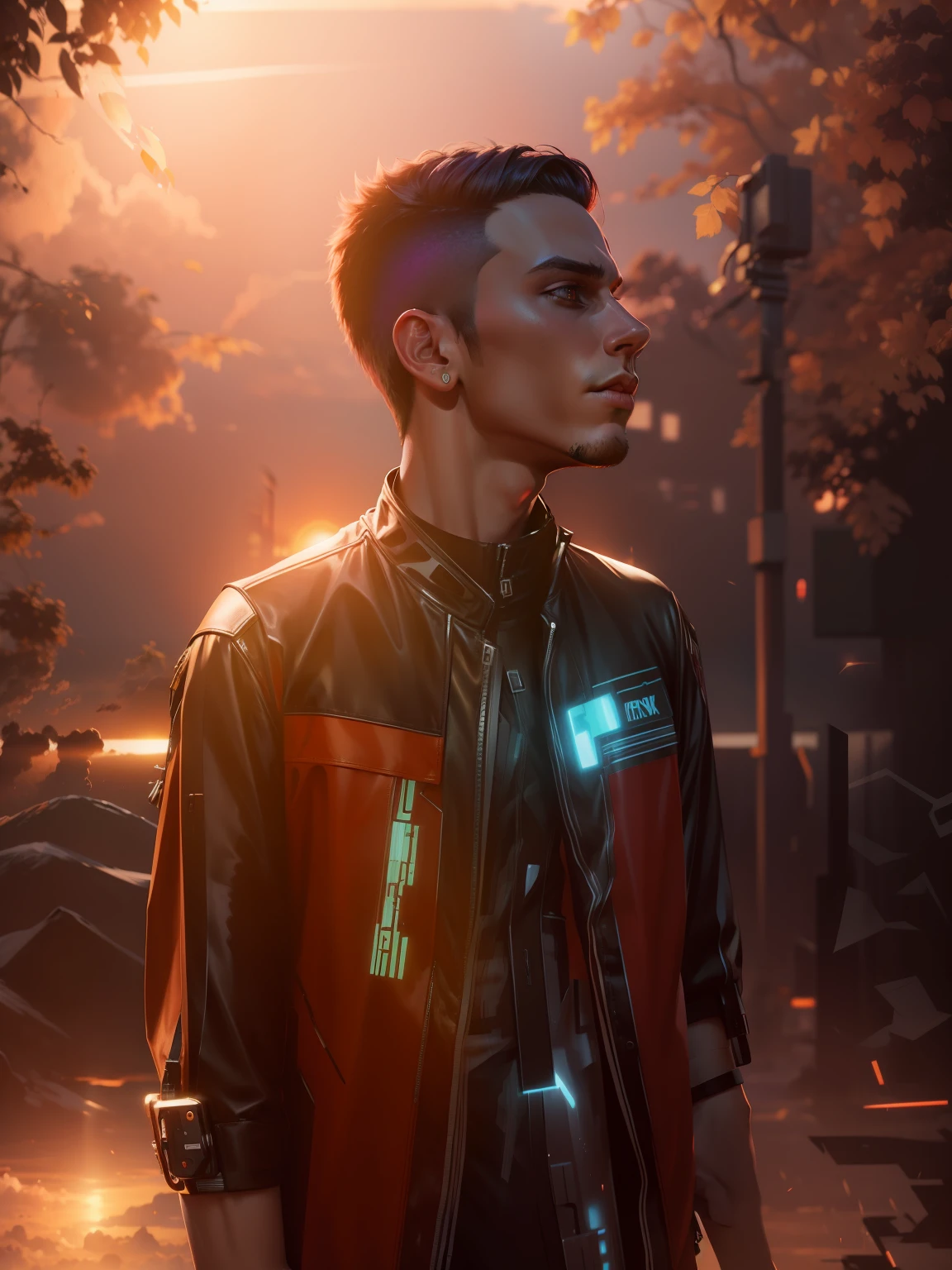 change background sunset cyberpunk handsome boy ultra realistic 8k 4k