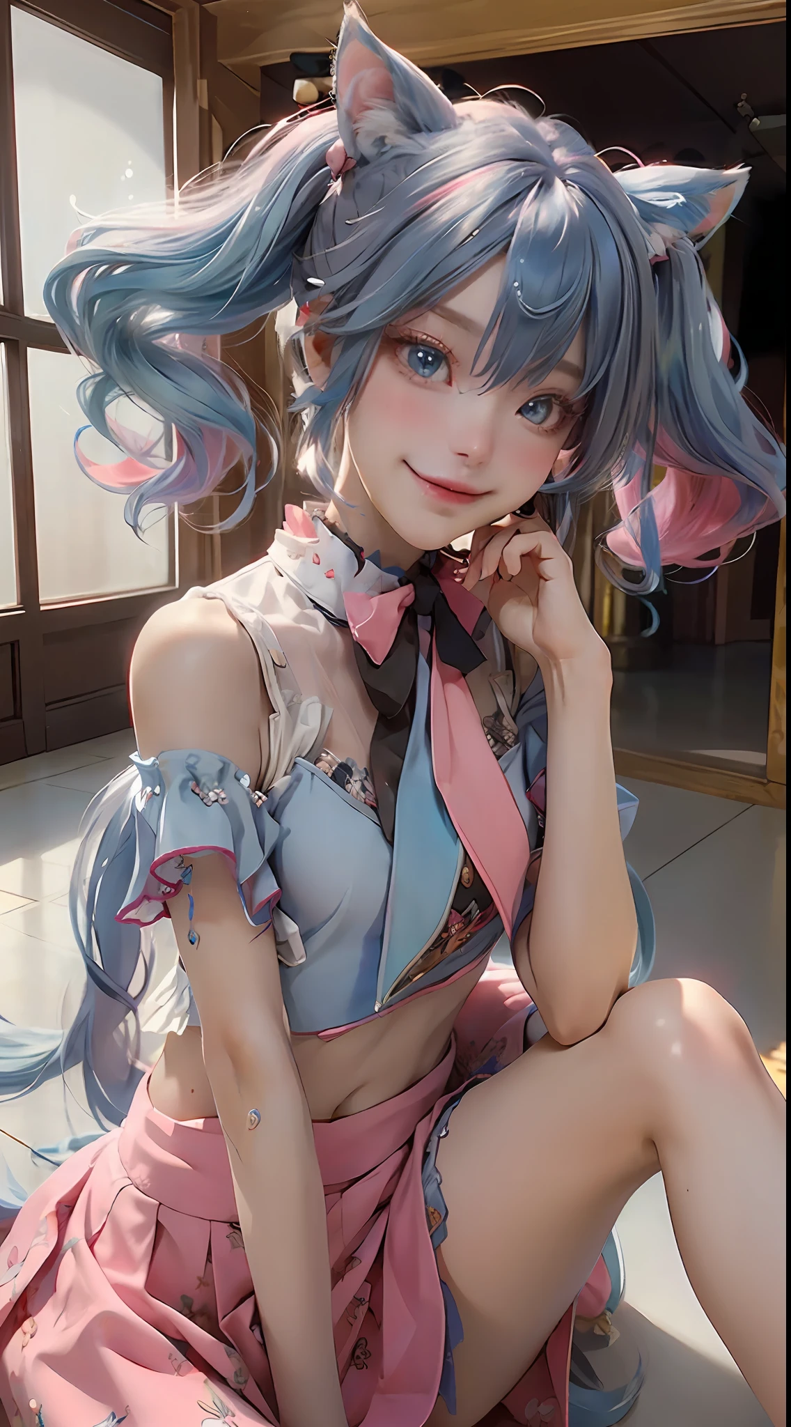 1girl, twintails, multicolored hair, hair ornament, hair over one eye, cat ears, blue eyes, blue hair, pink hair, smile, bow, solo, indoors, makeup, pleated skirt, long hair, bangs, pink nails, open mouth ,the most beautiful form of chaos, elegant, a brutalist designed, vivid colours, romanticism, atmospheric, (RAW photo, best quality), (realistic, photo-realistic:1.3), masterpiece, an extremely delicate and beautiful, extremely detailed, sitting,