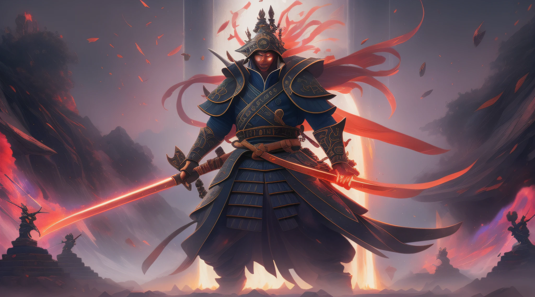 A samurai disguised as a deity in action and unleashing an attack on enemies with his mystical katana in a dark battle, armadura GALAXY de corpo inteiro, Plumes of black jet smoke, Charcoal, explosion of vibrant colors, sengoku period, incrivelmente detalhado, morbid, Escuro, Principais elementos visuais, Renascimento, volumetric light, Atmospheric, Estilo Greg Retkowski, ao estilo de Peter Mohrbacher, Altamente realista, Ultra Wide Epic Shooting, Motor Unreal 5