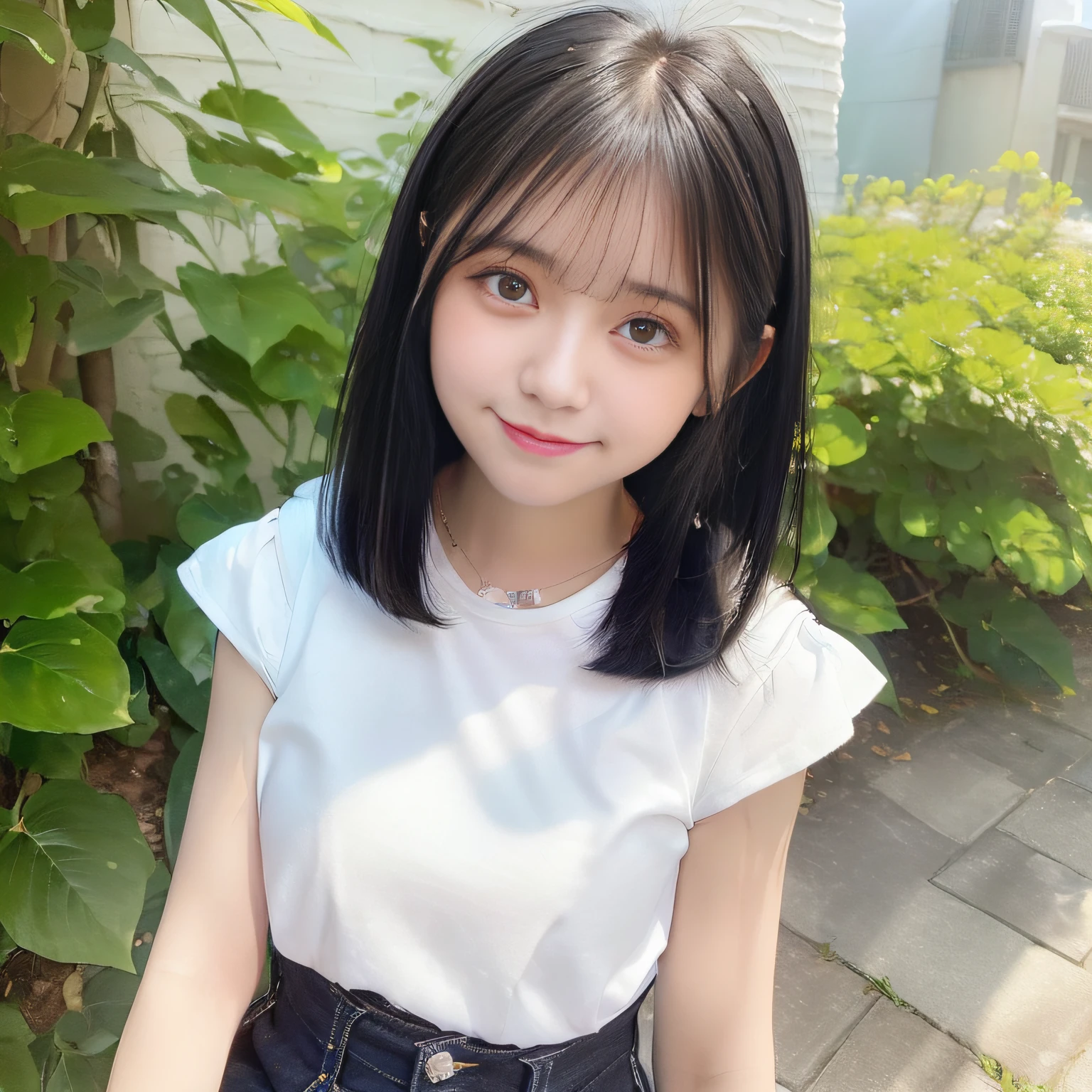 (midday sky:1.4), best quality, ultra high res,very cute girl, (loli:1.4), (white T-shirt, denim skirt, (straight hair, short hair, black hair:1.4), smile, bloom light effect, (photorealistic:1.4)