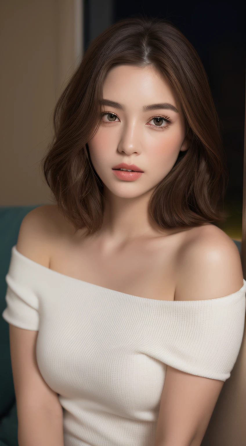 ((Night view, realistic light, best quality, 8k, masterpiece: 1.3)), 1girl, pretty woman with slim figure: 1.4, (brown hair, medium breasts: 1.3), off-the-shoulder cut top: 1.3, sofa, super detailed face, detailed eyes, double eyelids