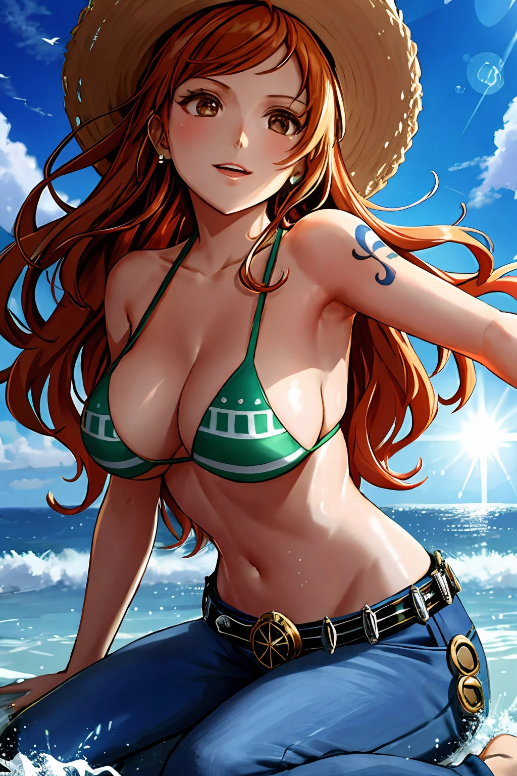 detailed background, masterpiece, 4k, epic, best quality, cheerful, late youth, adult, milf, athlete body, 1girl, active, energic, ((wide open mouth, folded legs, smile, lying on the ground, fully lying down, open eyes, hands spread sideway, jumping)) , solo, nami \(one piece\), 1girl, bangle, (very missy hair, tired, open mouth, feeling hot, tilting head, both hands spreadeagled, serious, hurt, glaring, open eyes, looking up, perfect detailed face, detailed round face) bold drawing lines, muscular arms, detailed bold body lines, flat jaw, adult woman, (wavy wide streaked bangs, floating bang, long left bangs ) (big cheeks), bare shoulders, off-shoulders, belt, bikini, bikini top only, blue sky, bracelet, springy breasts, breast lines, big round eyes, very big brown shiny eyes, bubbles, high eye position, cleavage, cloud, day, denim, earrings, floating hair, wavy hair, shiny hair, green belt, green bikini, bold groin lines, ((straw hat)), long jeans, jewelry, medium breasts, log pose, long hair, looking at viewer, long navel, wet hair, orange hair, pants, shoulder tattoo, sidelocks, sky, solo, stomach, swimsuit, tattoo, detailed left arm, big forehead, hourglass figure, small head, toned body, wide hair, wind effect, sun effect, under the sun, narrow small ears angle, older, straight shot, water splashes