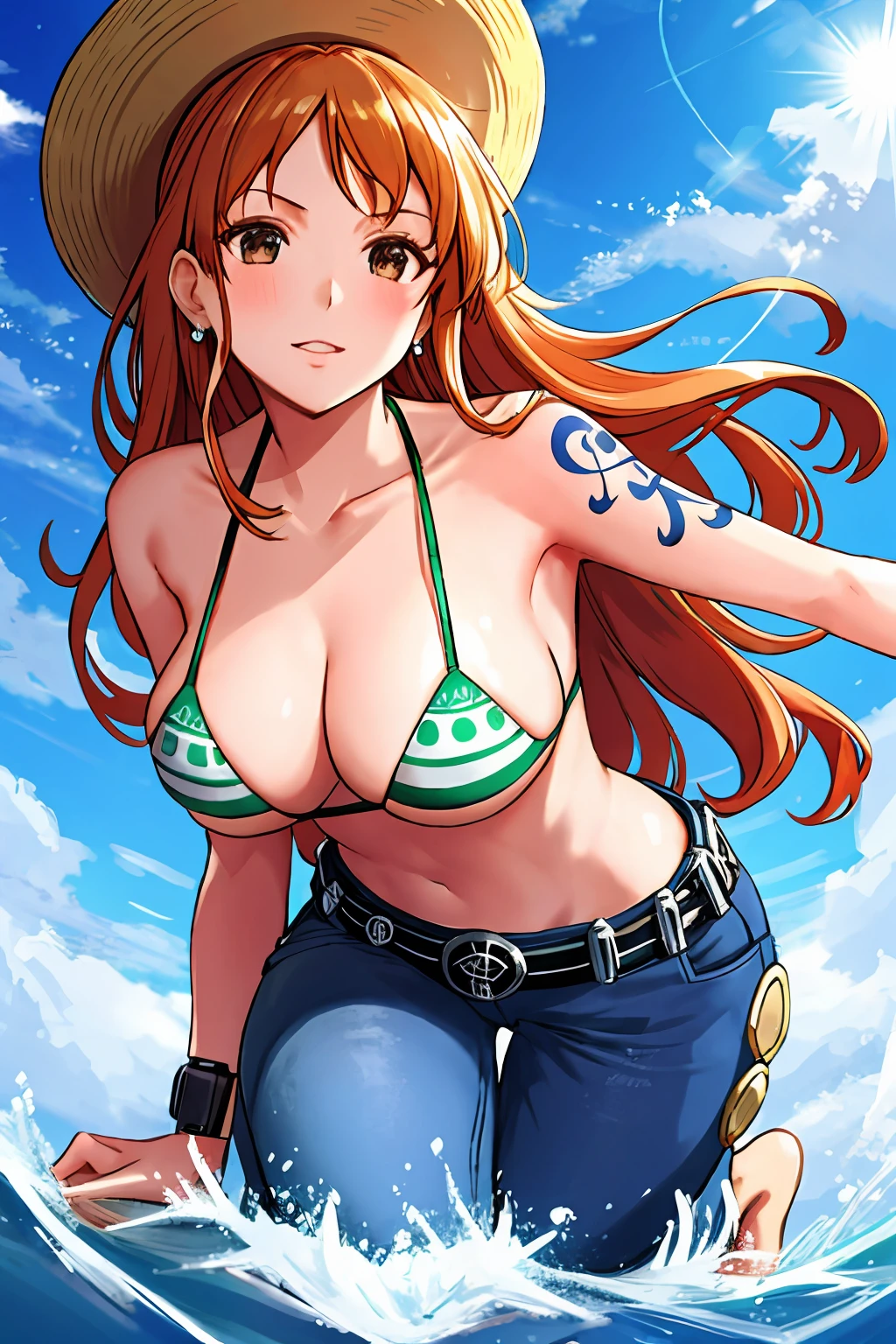 detailed background, masterpiece, 4k, epic, best quality, cheerful, late youth, adult, milf, athlete body, 1girl, active, energic, ((wide open mouth, folded legs, smile, lying on the ground, fully lying down, open eyes, hands spread sideway, jumping)) , solo, nami \(one piece\), 1girl, bangle, (very missy hair, tired, open mouth, feeling hot, tilting head, both hands spreadeagled, serious, hurt, glaring, open eyes, looking up, perfect detailed face, detailed round face) bold drawing lines, muscular arms, detailed bold body lines, flat jaw, adult woman, (wavy wide streaked bangs, floating bang, long left bangs ) (big cheeks), bare shoulders, off-shoulders, belt, bikini, bikini top only, blue sky, bracelet, springy breasts, breast lines, big round eyes, very big brown shiny eyes, bubbles, high eye position, cleavage, cloud, day, denim, earrings, floating hair, wavy hair, shiny hair, green belt, green bikini, bold groin lines, ((straw hat)), long jeans, jewelry, medium breasts, log pose, long hair, looking at viewer, long navel, wet hair, orange hair, pants, shoulder tattoo, sidelocks, sky, solo, stomach, swimsuit, tattoo, detailed left arm, big forehead, hourglass figure, small head, toned body, wide hair, wind effect, sun effect, under the sun, narrow small ears angle, older, straight shot, water splashes