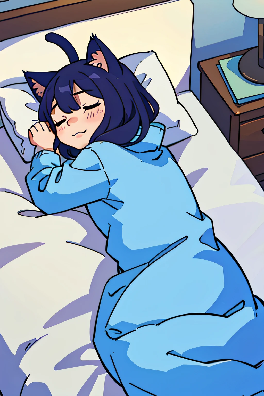 The cat snores lazily in bed