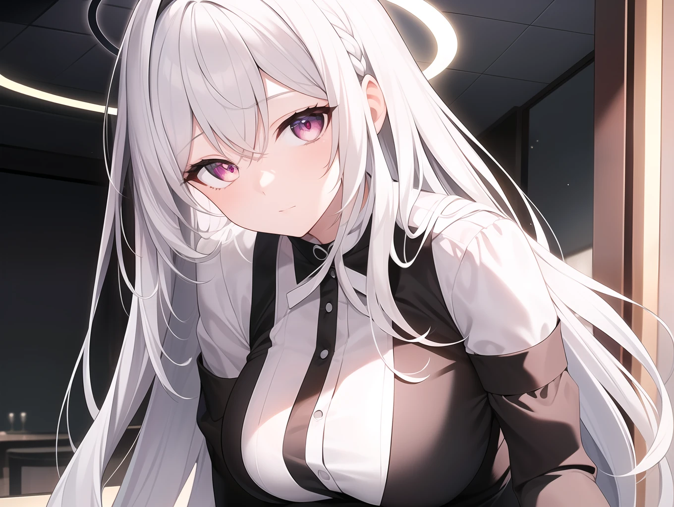 ((Masterpiece, Best quality))++, Detailed light+,  Detail hair+, detail hand+ ,1girll, woman, Long hair,   Crimson eyes,  Beautiful eyes, Young gray hair,,(Beautiful white hair:1.5),(Beautiful detailed eyes),    high resolution+,   blacksilk  ， a black skirt, Glass tones, Reflective eyes, ((Halo)),  {{Angle}} , extremelydetailedwallpaper, Original, ,