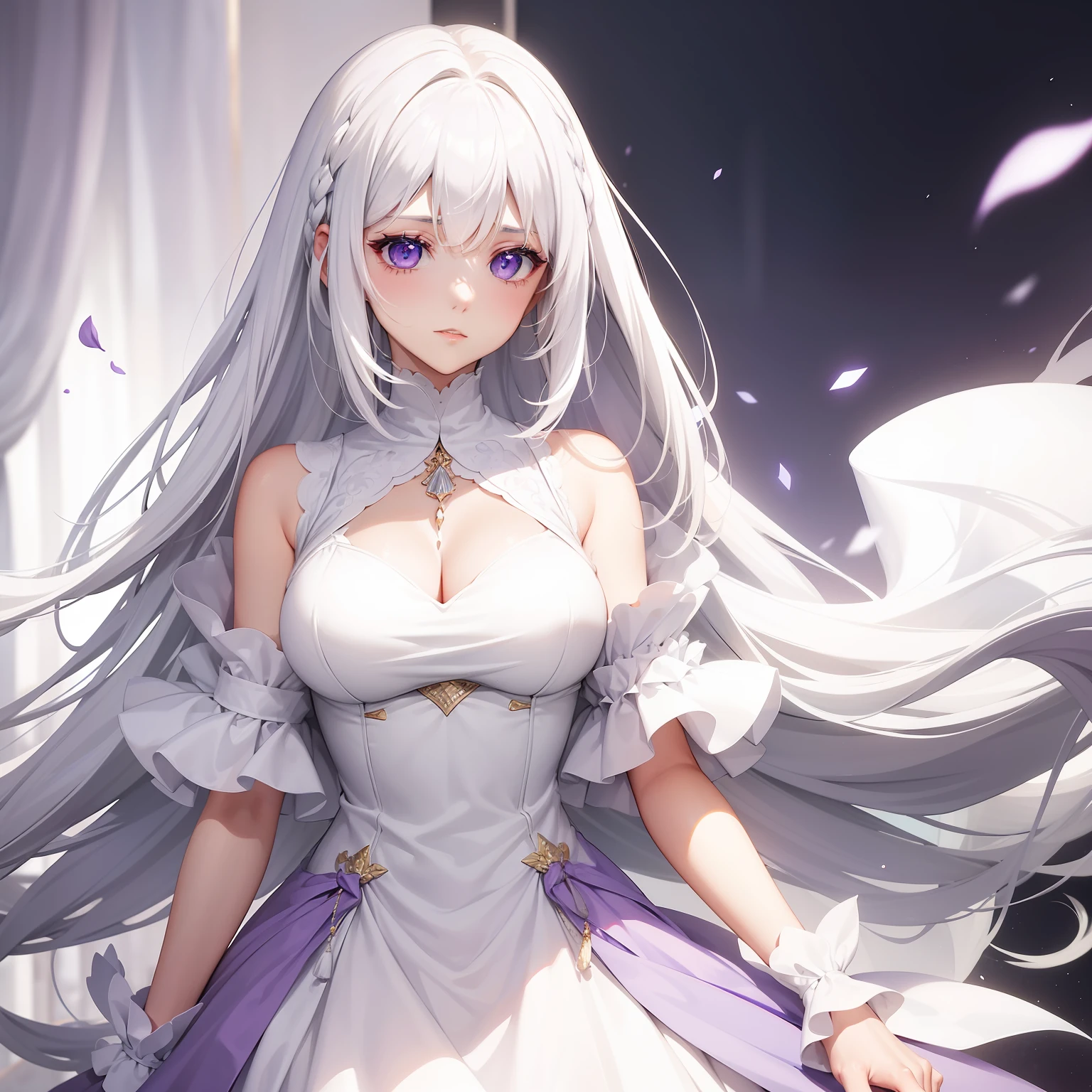 a women, white hair, purple eyes, white dress