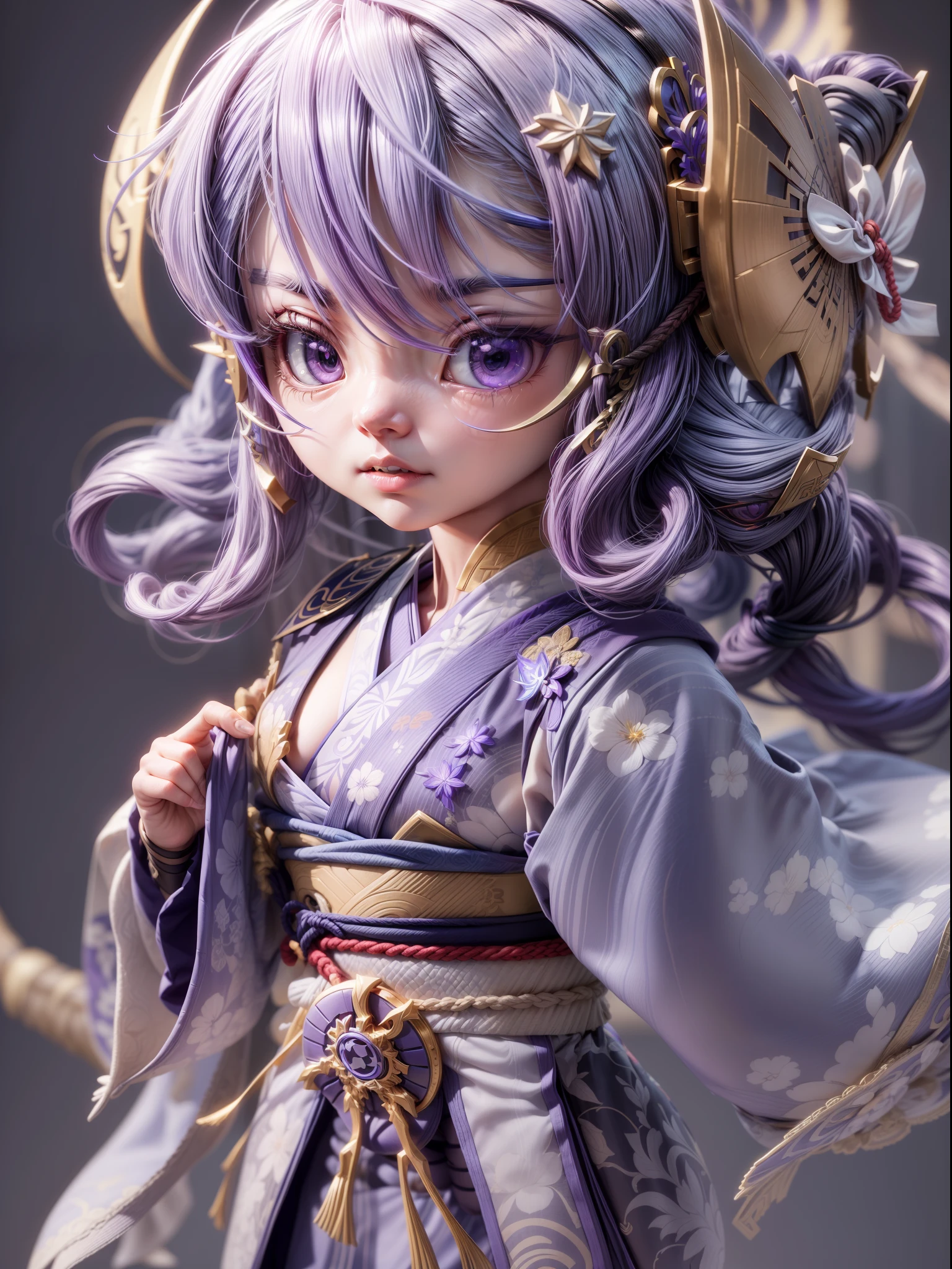(Blind box toy style:1.3), ((Full body photo:1.5)) , 1 masterpiece, ((anatomy correct:1.4)),Best quality,,(((Raiden Shogun))) ((Genshin Impact)), 1 girl solo, big beatiful eyes,Slim little kimono,Purple stockings,The clothes slipped off the shoulders,Expose the upper part of the chest, dreamy glow, Clean, Purple clean background ,(circular base:1.3)( Global illumination, Ray traching, hdr, unreal render,reasonable design, high detal, Masterpiece, Best quality, hyper HD, Cinematic lighting)