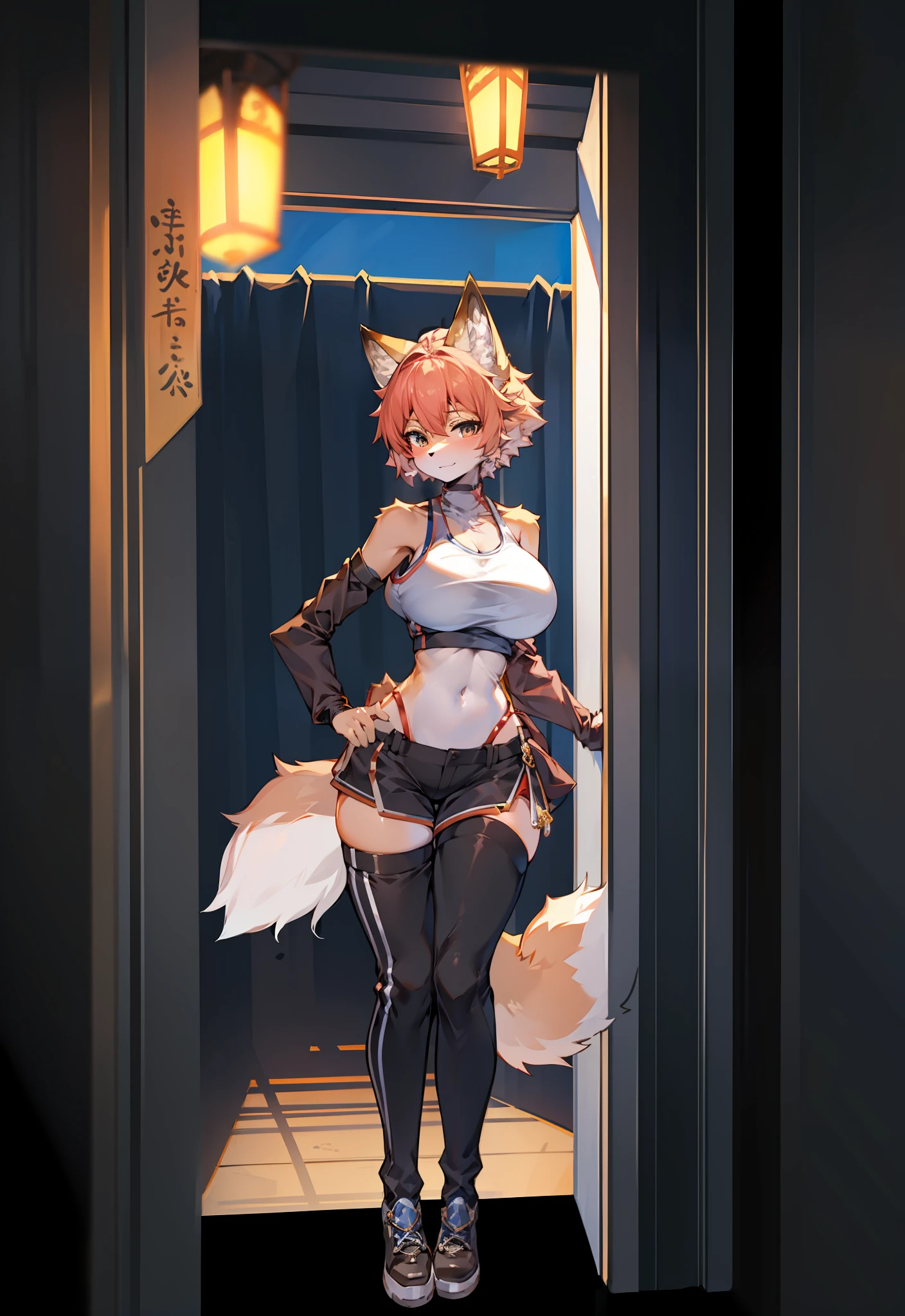 （Furry art，Uploaded on e621：1.4），（tmasterpiece：1.3），（best qualtiy：1.2），（2D：1.0），（anime big breast：1.0），（illustratio：1.0），（Sharp：1.2），（Night_environment），（城市），（Pubic area is clear，Shiny：0.8），（impasto：1.1），（ultra - detailed：1.0）（1girll，独奏），（Fox_Girl，Human furry：1.6），（anthro_Female_Fox：1.2），Raised sexy，wolf women，Gray tail，（Slim waist），thin very long legs，thigh high，Sports bra，shorter pants，