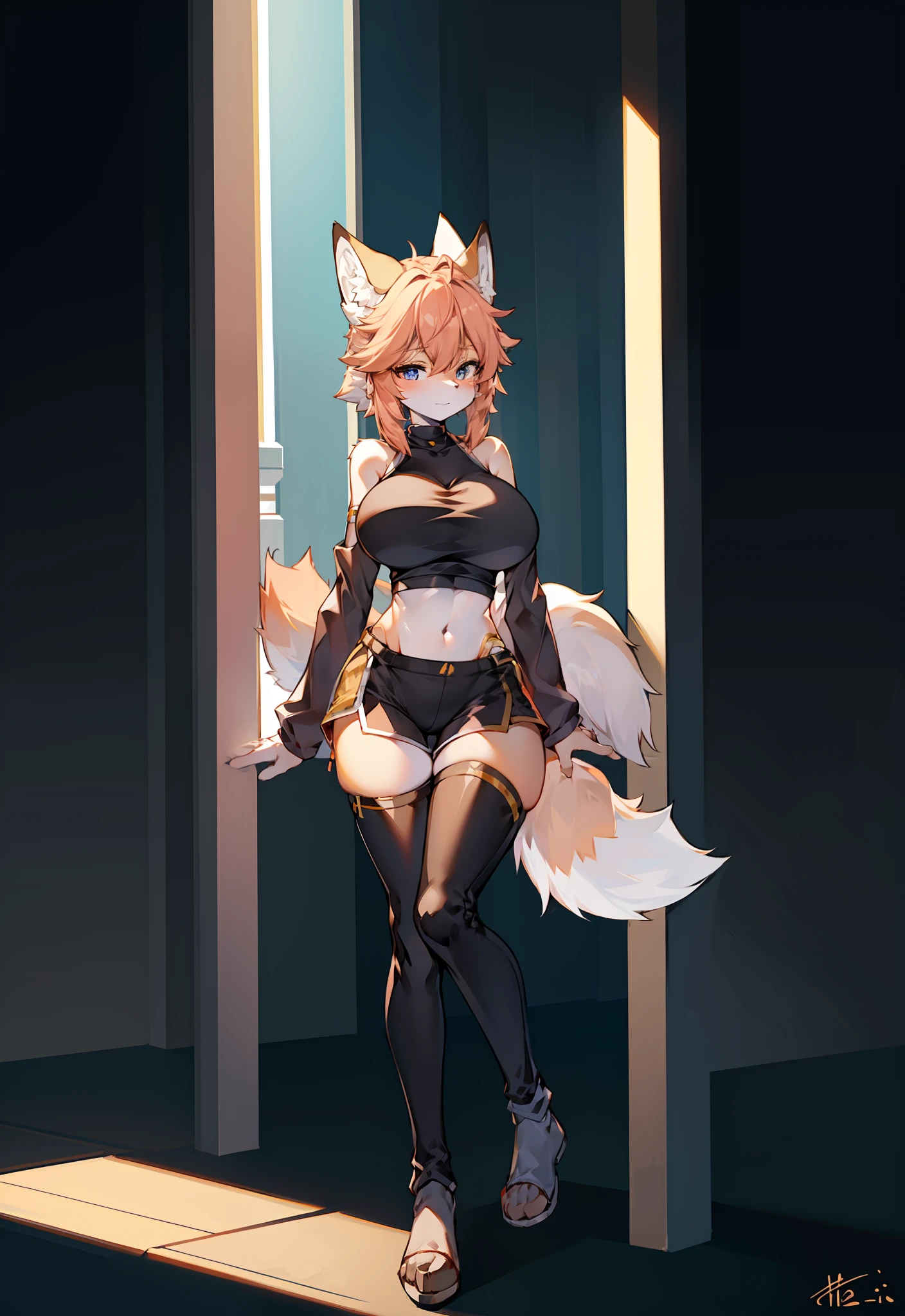 （Furry art，Uploaded on e621：1.4），（tmasterpiece：1.3），（best qualtiy：1.2），（2D：1.0），（anime big breast：1.0），（illustratio：1.0），（Sharp：1.2），（Night_environment），（城市），（Pubic area is clear，Shiny：0.8），（impasto：1.1），（ultra - detailed：1.0）（1girll，独奏），（Fox_Girl，Human furry：1.6），（anthro_Female_Fox：1.2），Raised sexy，wolf women，Gray tail，（Slim waist），thin very long legs，thigh high，Sports bra，shorter pants，