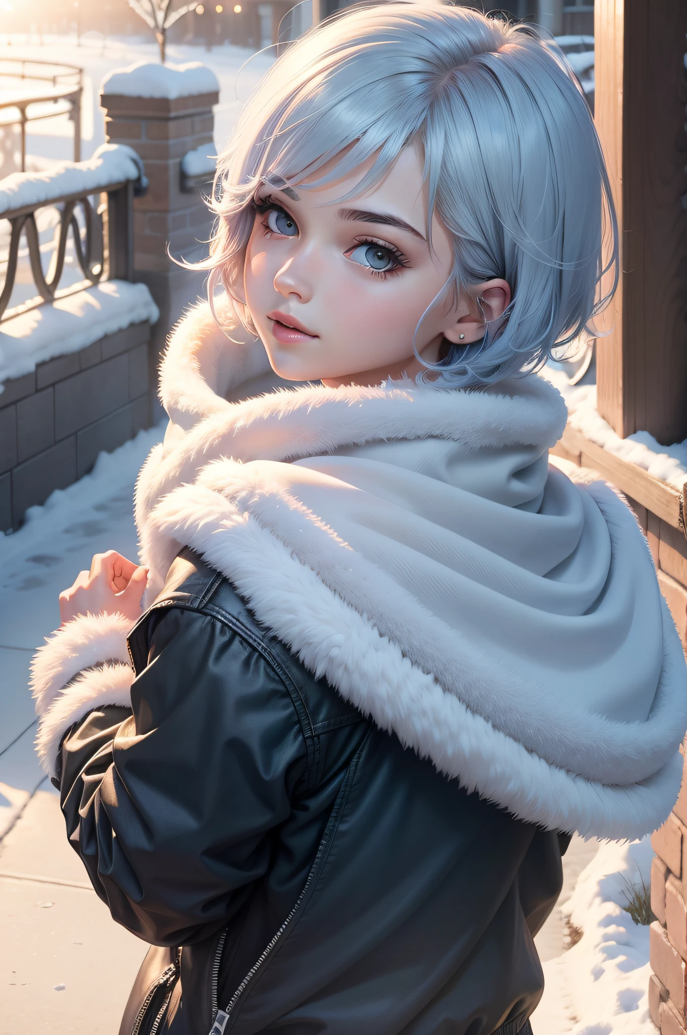 short detailed hair,Immortal appearance,teens girl,youthfulness,rays of sunshine,winter day,Colored hair