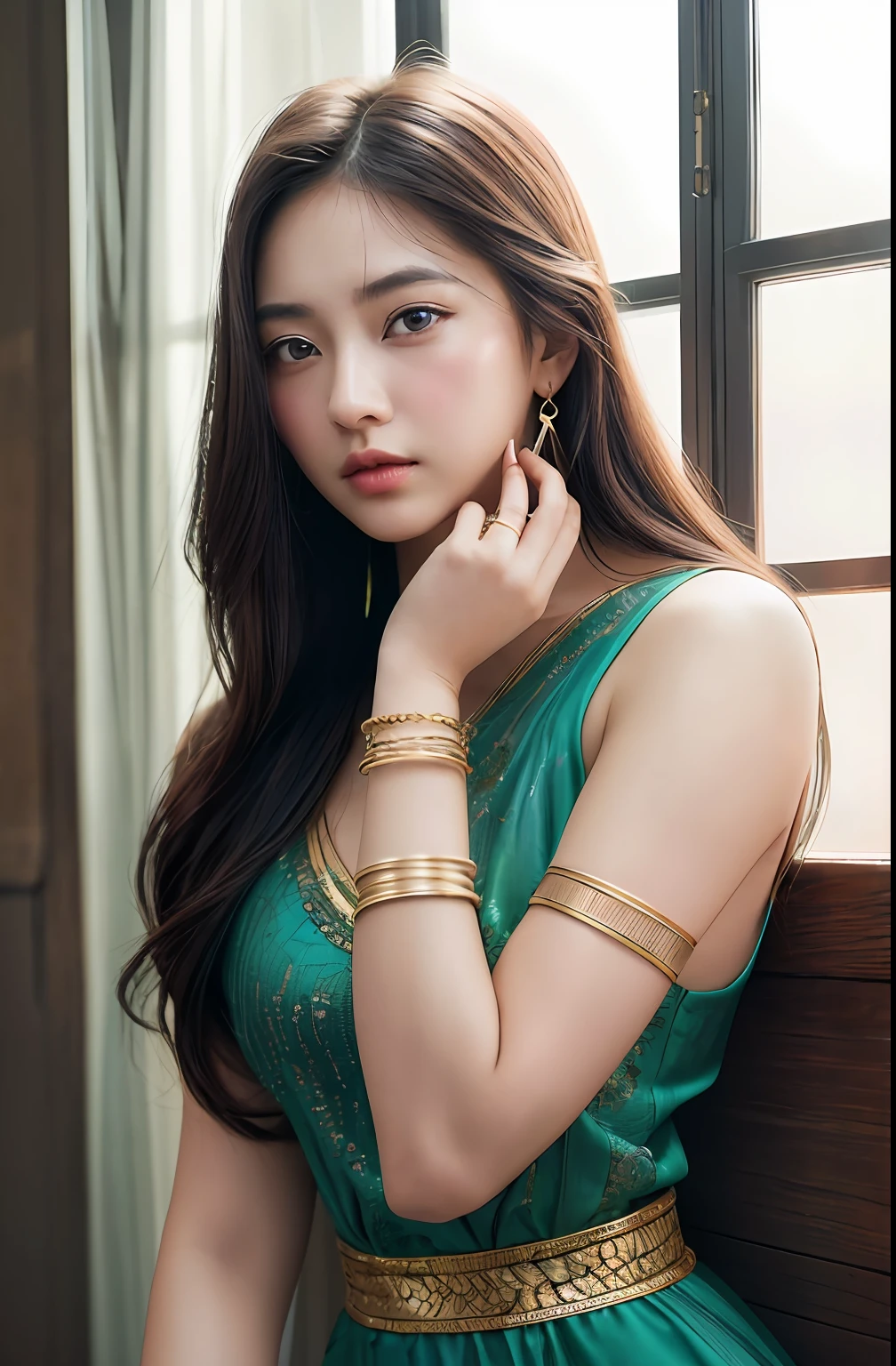 2girls,duo,8K Raw photograph,超高分辨率, filmgrain, filmg,view the viewer, Natural skin texture,Realistic eye and face details,((Realistic:1.5)),Ulzzang-6500:1.4,((Best quality)), ((Masterpiece)),((Detailed)),{2 beautiful women}, (Upper body:1.3),Hug and touch each other, Tease your friend's waist, Breathless friends, Biting a friend's earlobe, crouched,super wide shot,Face focus, Long legs,Curvy, Barefoot,Wide hips, Thin legs, Oversized eyes,Long eyelashes, (Detailed face,beautidful eyes, detailedpupils,detailed clothes features, Clear background:1.3), (armlets, bangle:1.3),bright detail,Sharp,Perfect compounding, Intricate, Sharp focus, Dramatic,