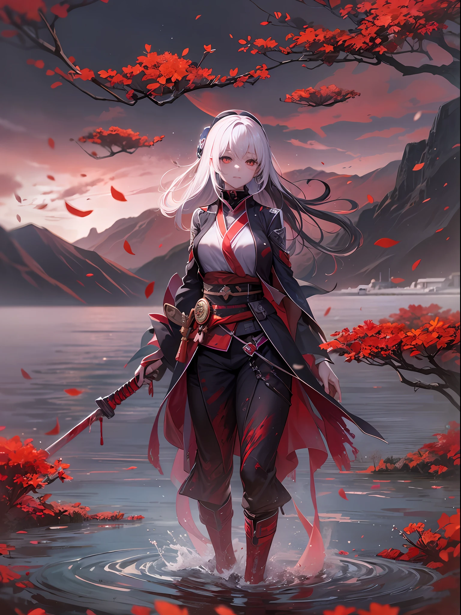 a beautiful and cute female walks on the lake in the mountain, the surface of the lake show that the female's two charactor's sides, above the lake is her light and kind side, below the lake is her dark and haemophius side, she is a female ninja, a blood moon on the sky, blood filled under the lake, wonderful lake and awesome blood field, ((cowboy-shot))