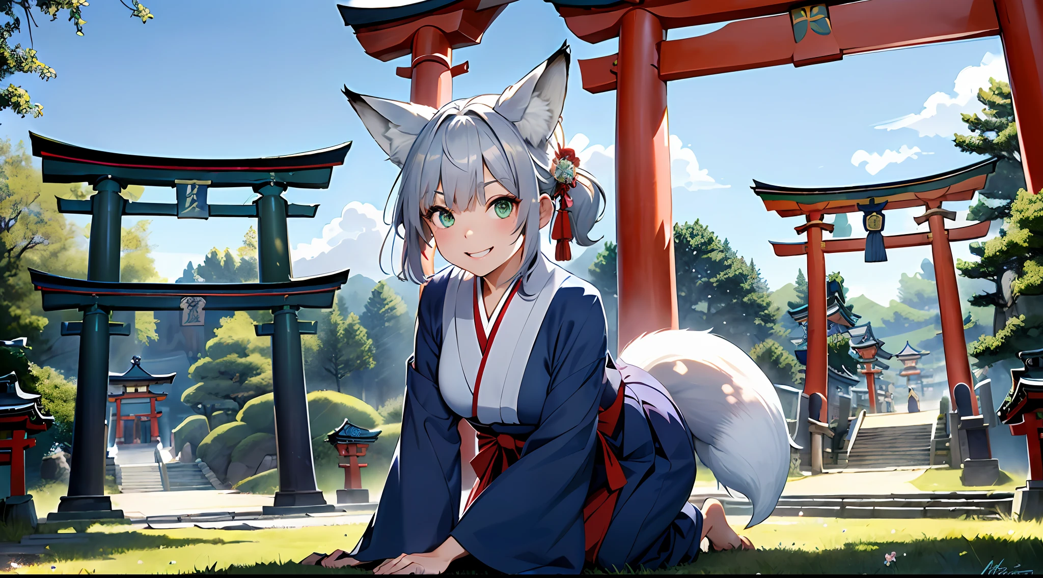 (top-quality、in 8K、32K、​masterpiece、nffsw、超A high resolution、Impresionismo、Photorealsitic:1.2)、Full body, (blue open sky、jpn、torii gate、shrines:1.4)、deep-shadows、beauitful face、blurry backround、Colossal tits、20-year-old beautiful girl、shinny skin, (１The fox tail of the book grows:1.3)、Beautiful silver hair、short-hair、(poneyTail:1.2)、Deep green eyes、Fox ears、shrine maiden clothe、Red Hakama、Naughty smile、Opening Mouth、(On all fours、PAW Pose:1.2)、