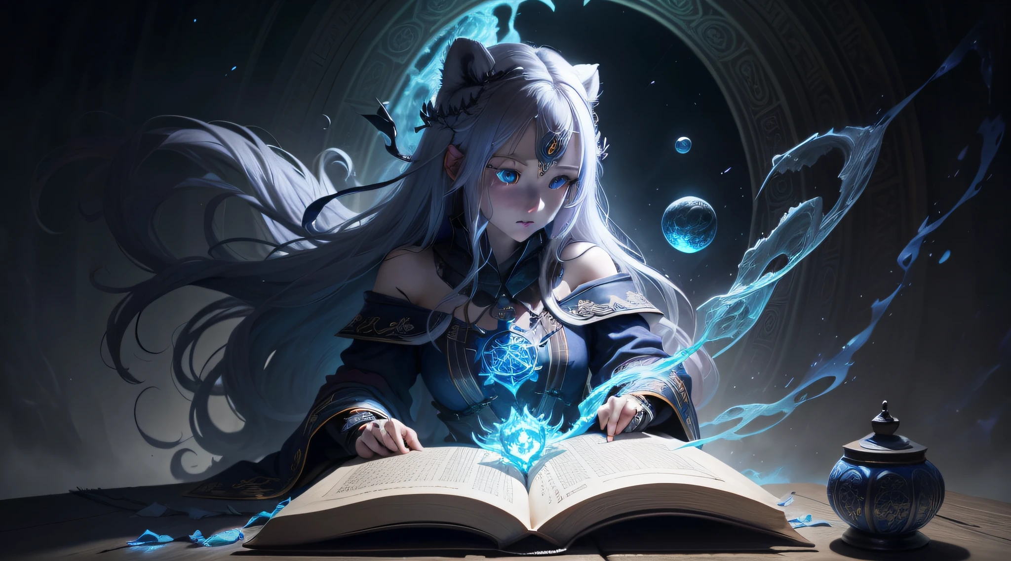 A crystal castle sealed in a magic book,Blood,Night, Dark, (fantasy),unlimited,Deep blue sky,The abyss of knowledge,cowl,((masutepiece)), (((Best quality))),((Beautiful fine eyes)),(eyeslashes)、Beautiful girl riding a huge white bear with armor、(1 rapariga)、The perfect human structure、Black hair fluttering in the wind、long whitr hair、abyss eyes、glowy skin、oiled、small tits、Wizard robes、Tattered fabric、Realistic coat、Tinch、Super delicate CG Unity 32k wallpaper、tmasterpiece, ((ultra - detailed)), ((illustratio)),extremely colorful,the wallpaper,energy,Unknown terror,mind bending,Around the magic,Magical environment,wands,Boken,Flight page,Know it all,Predicting the Future、Learn about the past、Infinite wisdom、blue flame、Warlock、Magic Circles、pentacle、Spells、mantra、Singing magic