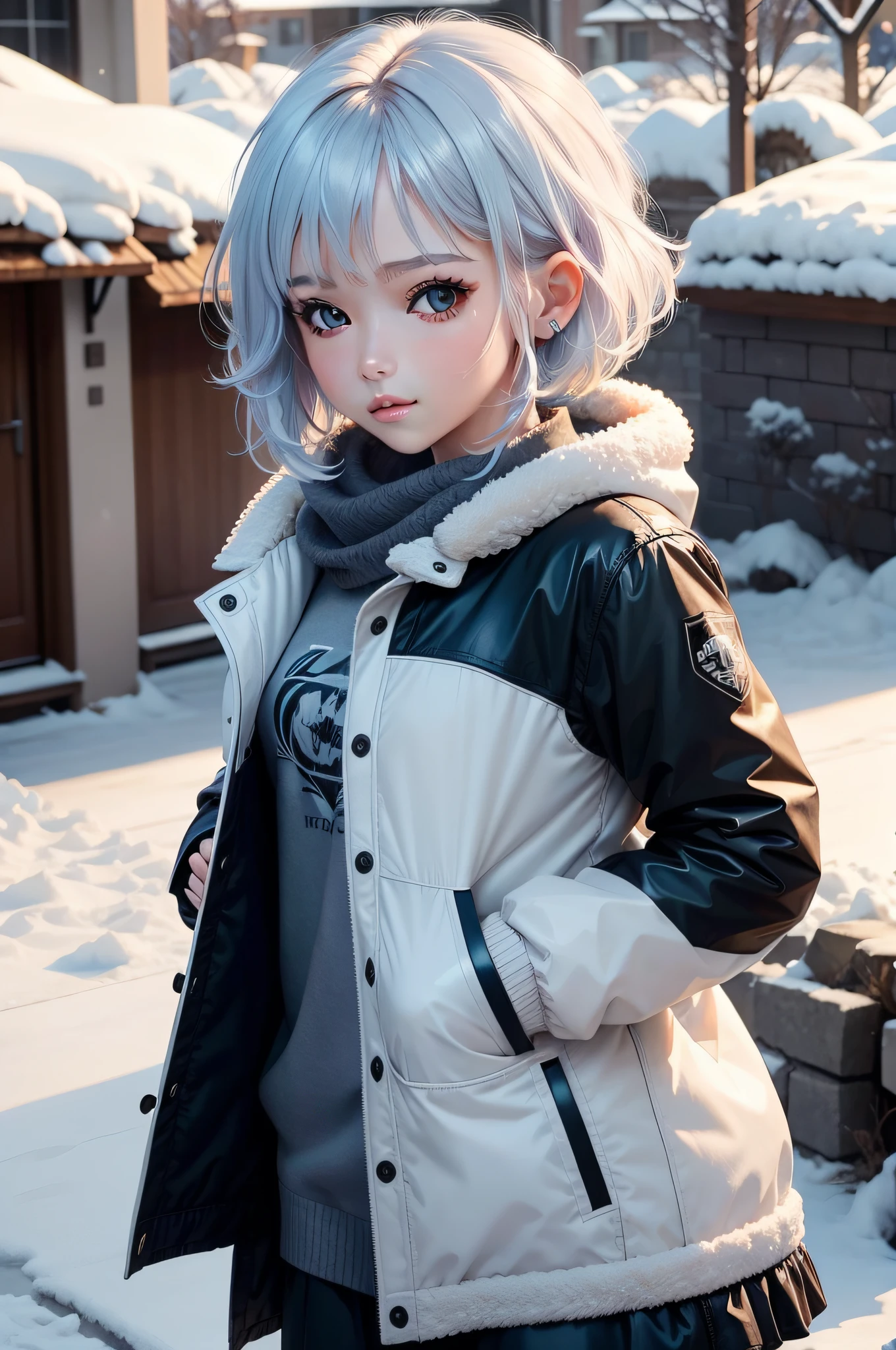 short detailed hair，Immortal appearance，teens girl，youthfulness，rays of sunshine，winter day，Gradient hair color