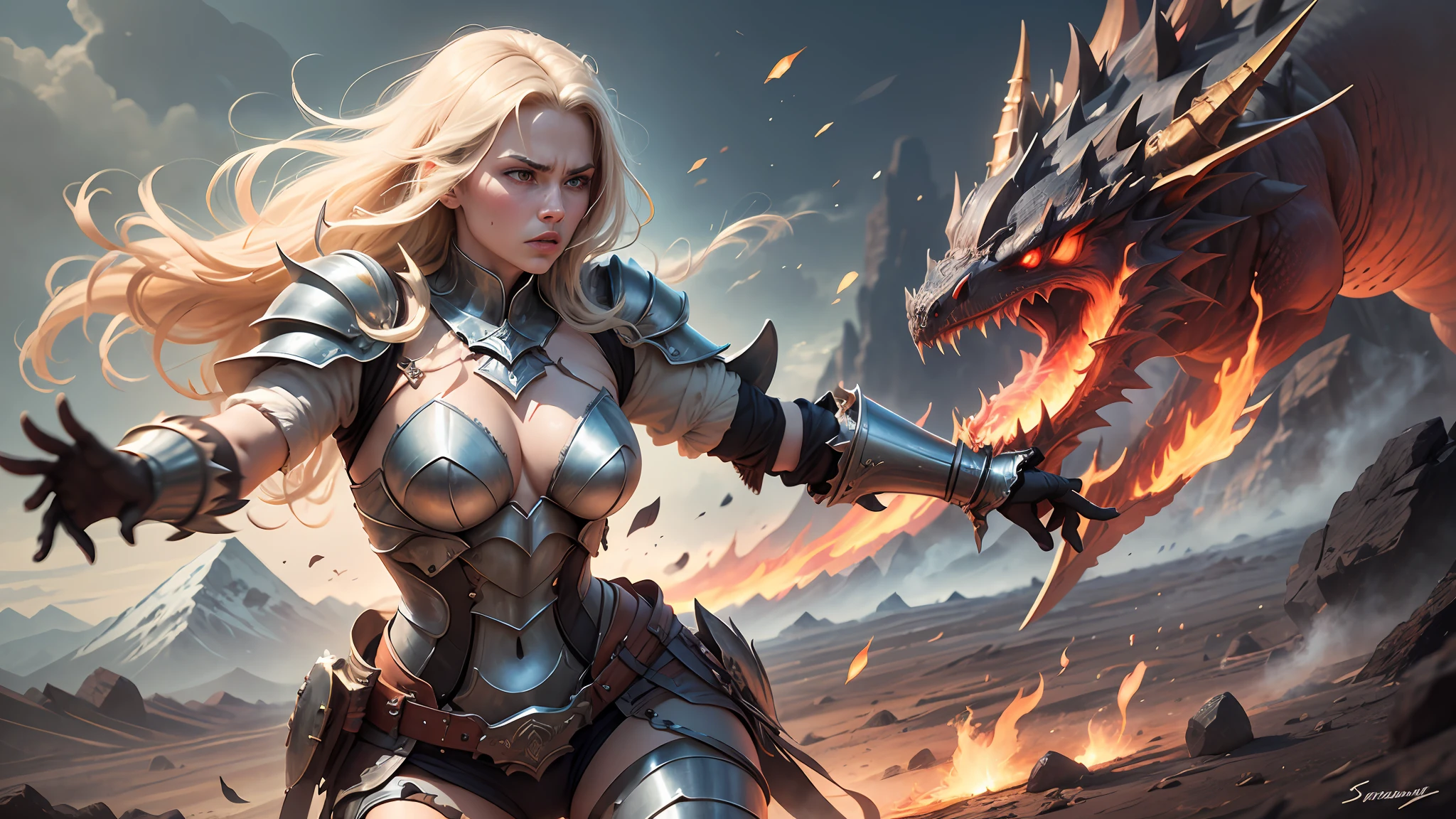 In a vast and ancient realm, a strong and determined blonde warrior engages in a deadly battle with a colossal dragon. The woman's armor bears scars from previous encounters, and her muscles tense as she grips her finely crafted sword. The dragon's scales are incredibly detailed, showing the wear of age and battles fought. Its fiery breath engulfs the battleground, and the heat distorts the air around them. The environment is a rugged and treacherous landscape, with jagged mountains and a turbulent sky. The atmosphere is intense, with the weight of the life-or-death struggle palpable in the air. The style chosen for this prompt is a realistic painting, executed with oil on canvas. The artist's skilled hand will capture every nuance of the characters and environment, rendering the scene with remarkable realism. The interplay of light and shadow will enhance the drama of the battle, immersing the viewer in this epic clash. --auto --s2