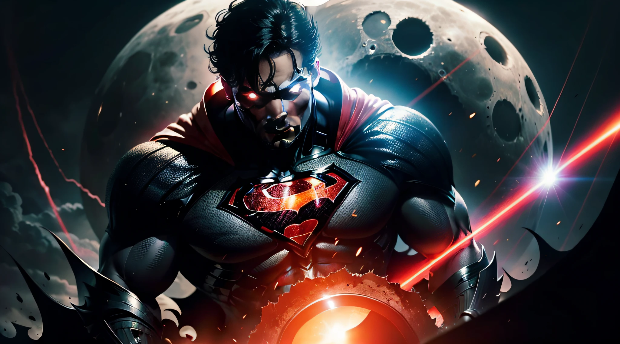 Black Hell Superman,The eye emits a scarlet laser,Holding Batman's head in his hand,The day of the eclipse,There is a huge broken moon in the sky