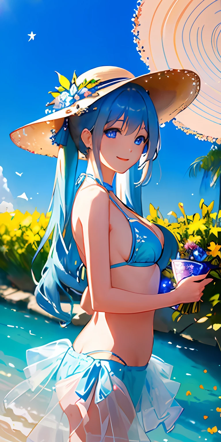 (masterpiece)、((top-quality))、(ultra-detailliert)、((extremely delicate and beautiful))、(((incredibly absurdness)))、((perfect bodies)))、1girl in、独奏、Light blue hair、blue eyess、{{{maternal}}}、medium chest、long hair with twin tails、a smile、Blue Bikini、Mare+Background with、Sun flower、a straw fedora hat、dynamic ungle、female focus on、{Particles of light}、细致Background with、((By Paul Hedley)))、Soft lighting、starrysky、full bodyesbian、