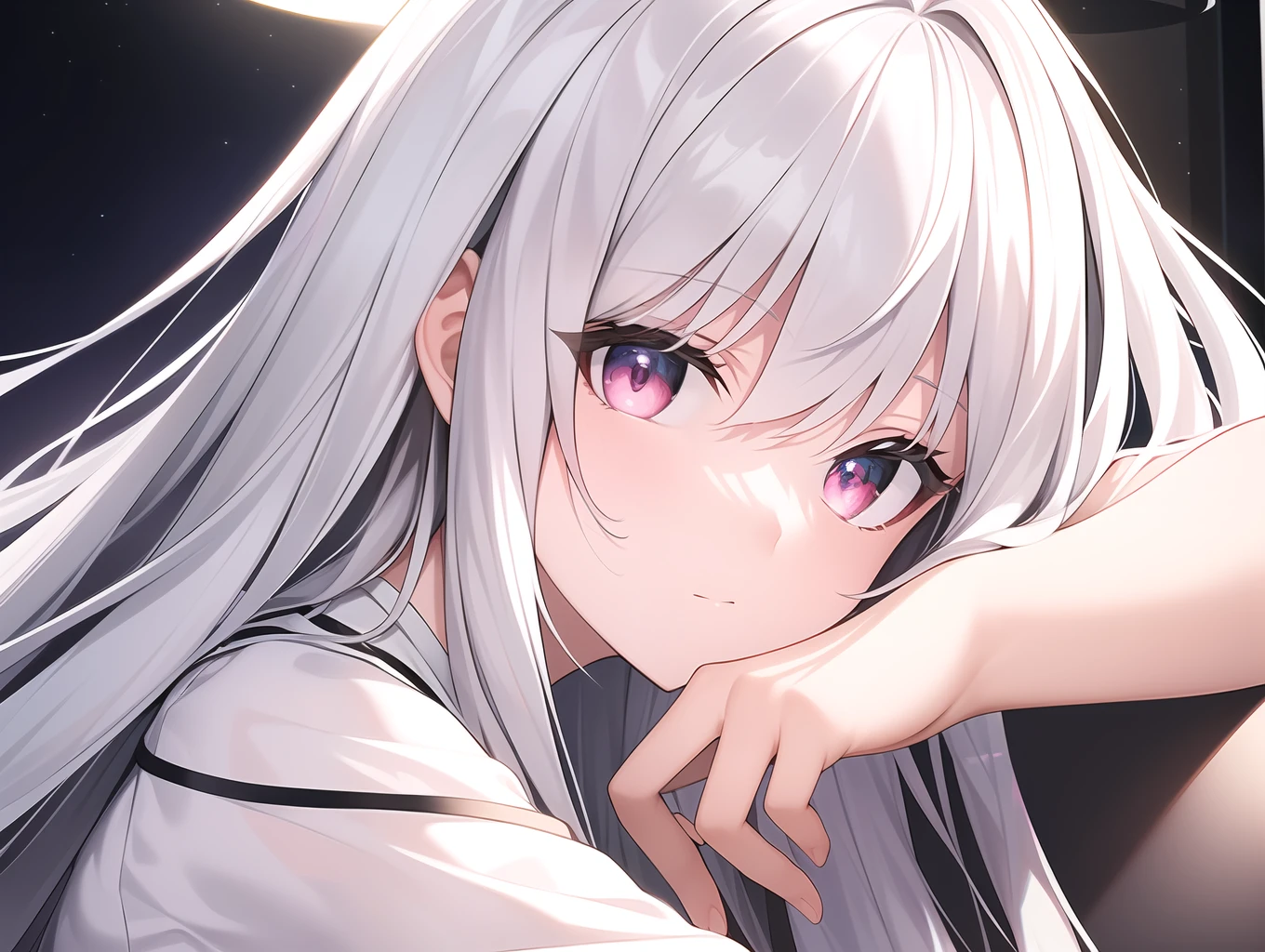 ((Masterpiece, Best quality))++, Detailed light+,  Detail hair+, detail hand+ ,1girll, woman, Long hair,   Crimson eyes,  Beautiful eyes, Young gray hair,,(Beautiful white hair:1.5),(Beautiful detailed eyes),    high resolution+,   blacksilk  ， a black skirt, Glass tones, Reflective eyes, ((Halo)),  {{Angle}} , extremelydetailedwallpaper, Original, ,