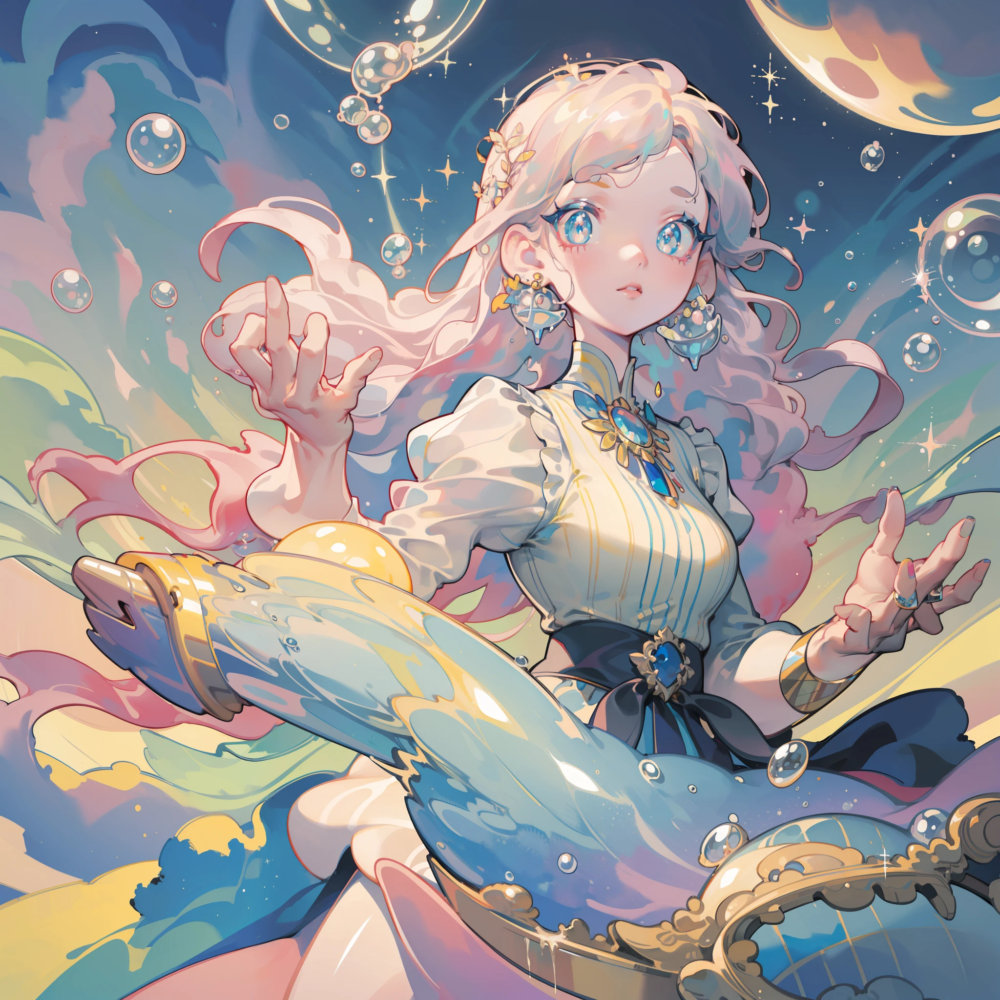 masterpiece, best quality, 8k resolution, sharp focus, intricate detail, beautiful girl, sparkling eyes, golden ratio face, otherworldly liquid, watercolor, pastel colors, bright colors, whimsical, colorful, sharp focus, high resolution, fine detail, princess layered ballgown, ((round eyes)), iridescent bubbles, castle landscape in background