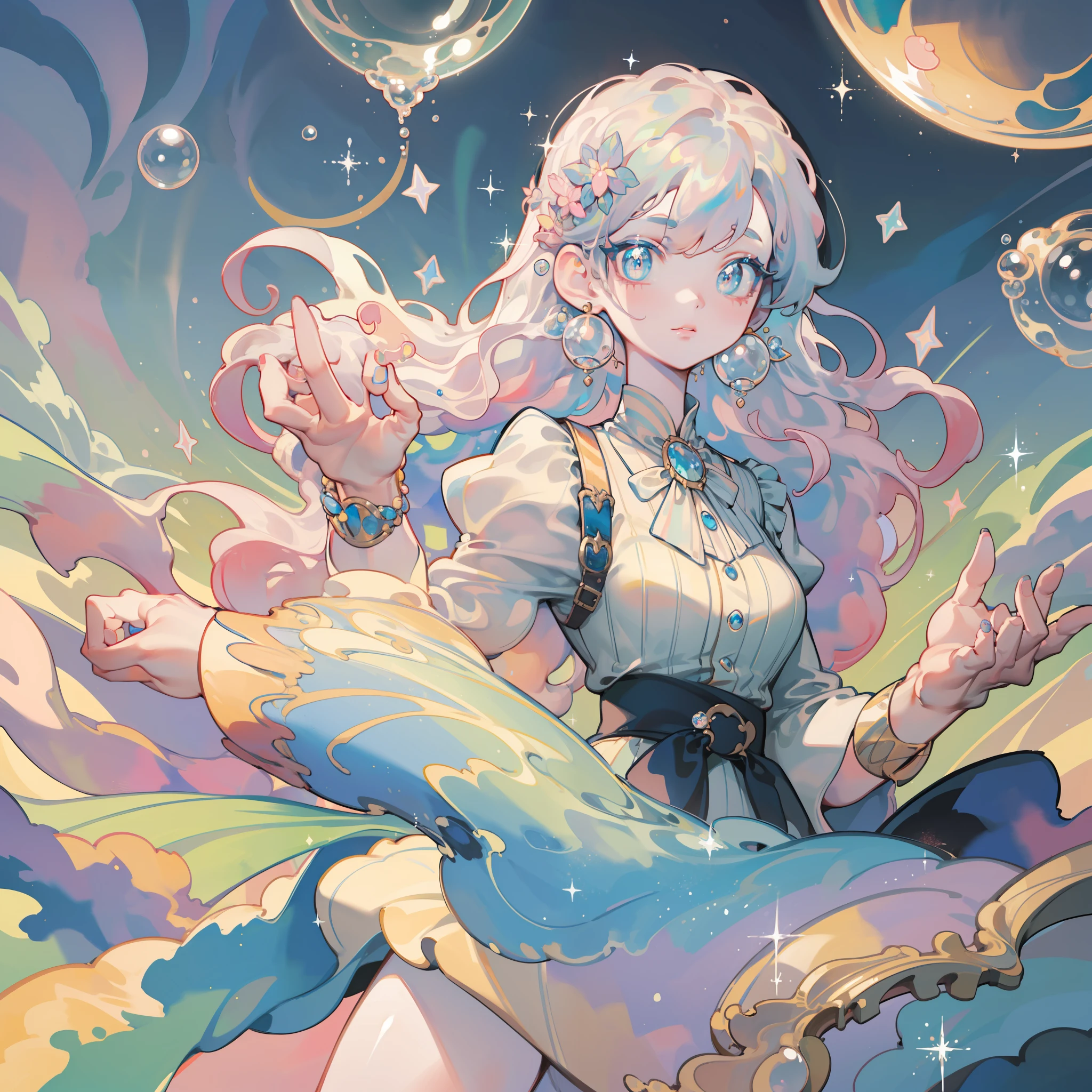 masterpiece, best quality, 8k resolution, sharp focus, intricate detail, beautiful girl, sparkling eyes, golden ratio face, otherworldly liquid, watercolor, pastel colors, bright colors, whimsical, colorful, sharp focus, high resolution, fine detail, princess layered ballgown, ((round eyes)), iridescent bubbles, castle landscape in background