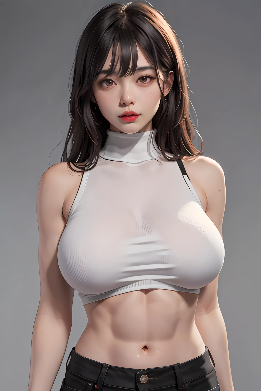 Girls, Bangs, Bare Shoulders, Black Pants, Breasts, Breasts squeezed together, Grey background, Hair between the eyes, Huge breasts, Long hair, View Viewer, Pants, Parted lips, Red eyes, Shirt, Simple background, Sleeveless, Sleeveless shirt, Solo, Turtleneck, V arm, White hair,(Shiny skin),(Masterpiece:1.4),(Best quality:1.4),,Facigirl,Red lips,Perfect abs, Navel, (nipple: 1.5), (sheer areola), nipple, huge, sweat, whole body