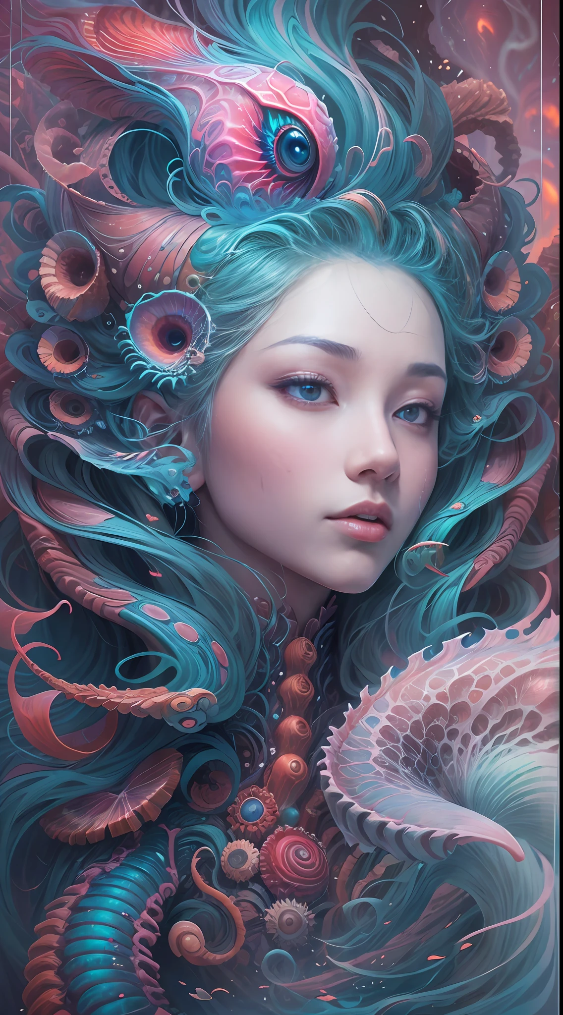 best qualtiy，tmasterpiece，超高分辨率，（photograph realistic：1.4），ultra-realistic realism，Dream-like，The beautiful blue-skinned goddess wears a phoenix peacock on her head, Nautilus, a betta fish，The creation of fantasy，Brain conch，Dream Conch，Biopunk Nautilus，Thrilling color scheme， ultra-realistic realism， abstracted， psychedelia,