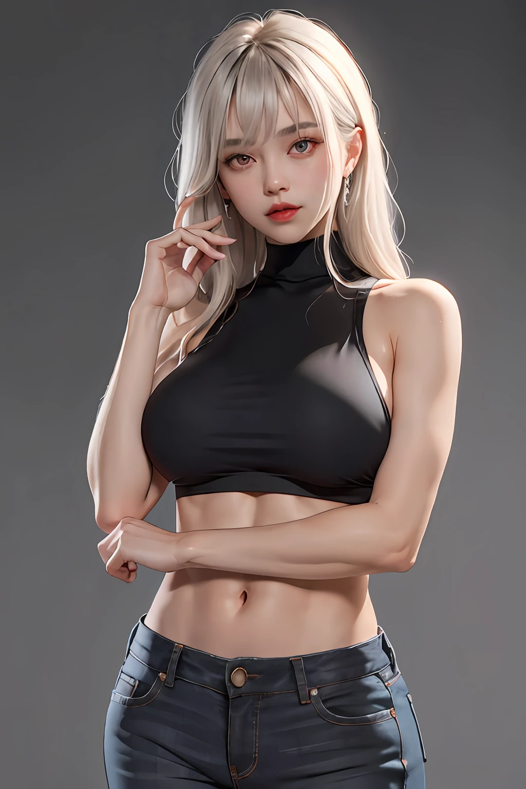 Girls, Bangs, Bare Shoulders, Black Pants, Breasts, Breasts squeezed together, Grey background, Hair between the eyes, Huge breasts, Long hair, View Viewer, Pants, Parted lips, Red eyes, Shirt, Simple background, Sleeveless, Sleeveless shirt, Solo, Turtleneck, V arm, White hair,(Shiny skin),(Masterpiece:1.4),(Best quality:1.4),,Facigirl,Red lips,Perfect abs, Navel, (nipple: 1.5), (sheer areola), nipple, huge, sweat, whole body