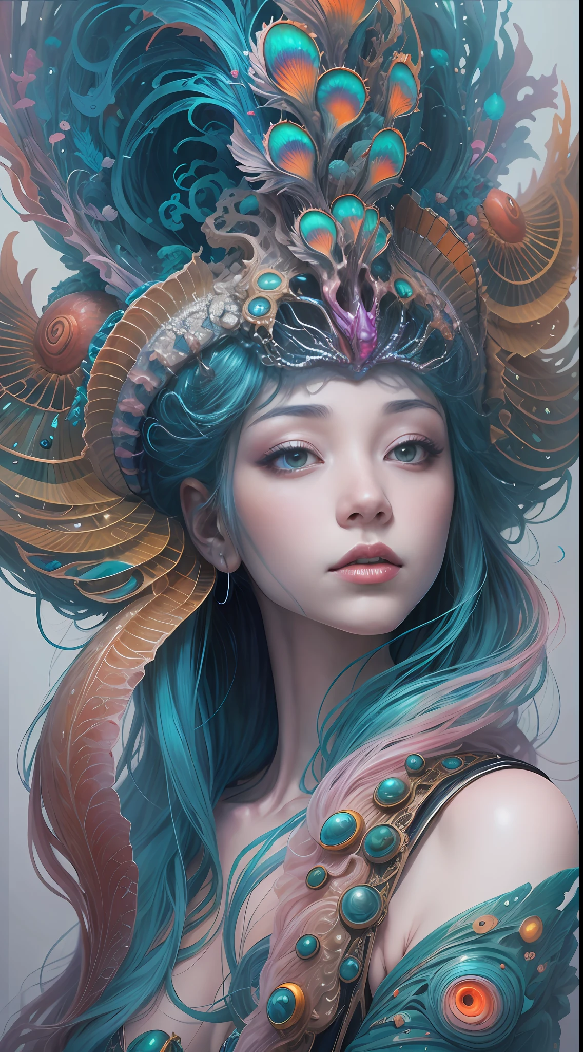 best qualtiy,tmasterpiece,超高分辨率,(photograph realistic:1.4),ultra-realistic realism,Dream-like,The beautiful blue-skinned goddess wears a phoenix peacock on her head, Nautilus, a betta fish,The creation of fantasy,Brain conch,Dream Conch,Biopunk Nautilus,Thrilling color scheme, ultra-realistic realism, abstracted, psychedelia,