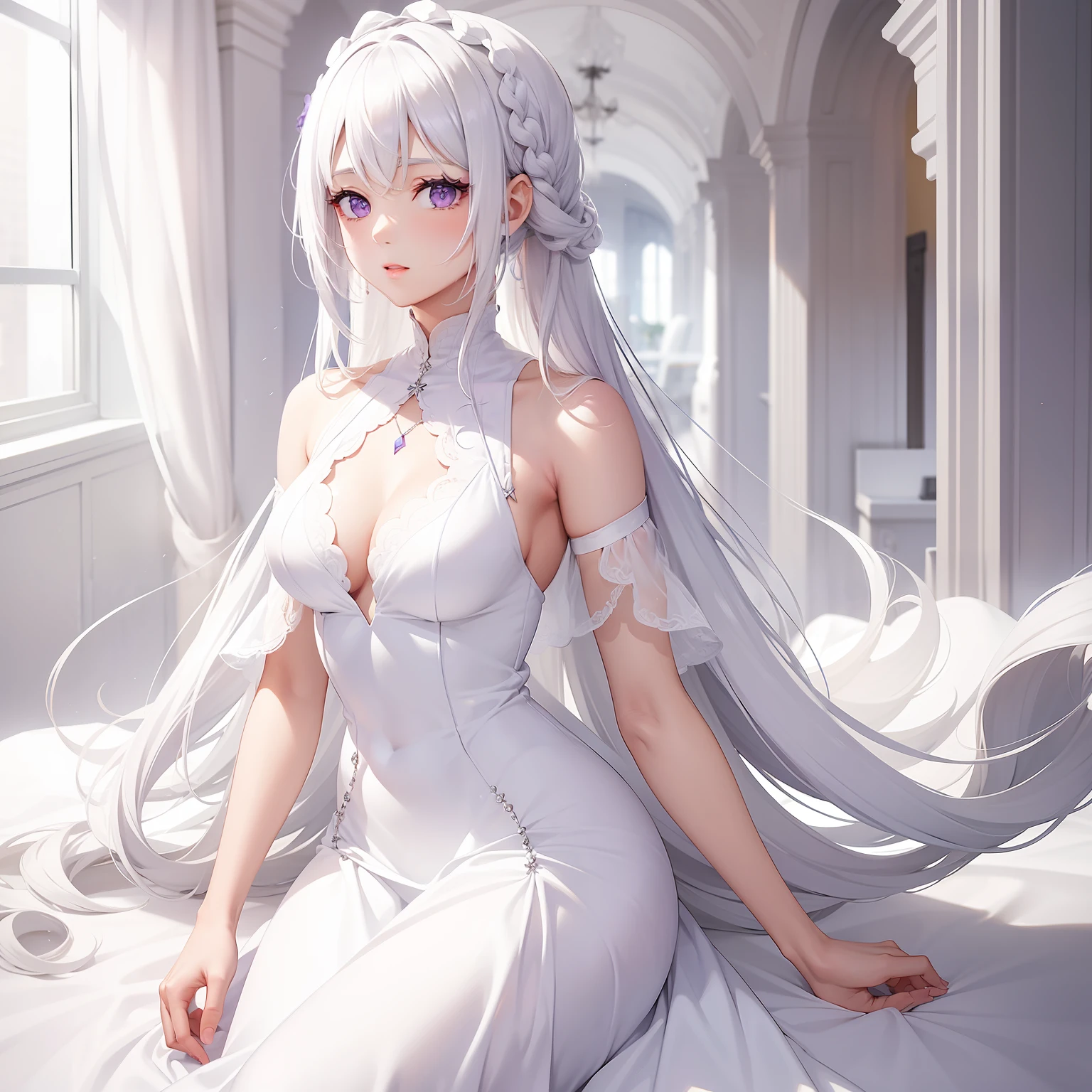 a women, white hair, purple eyes, white dress