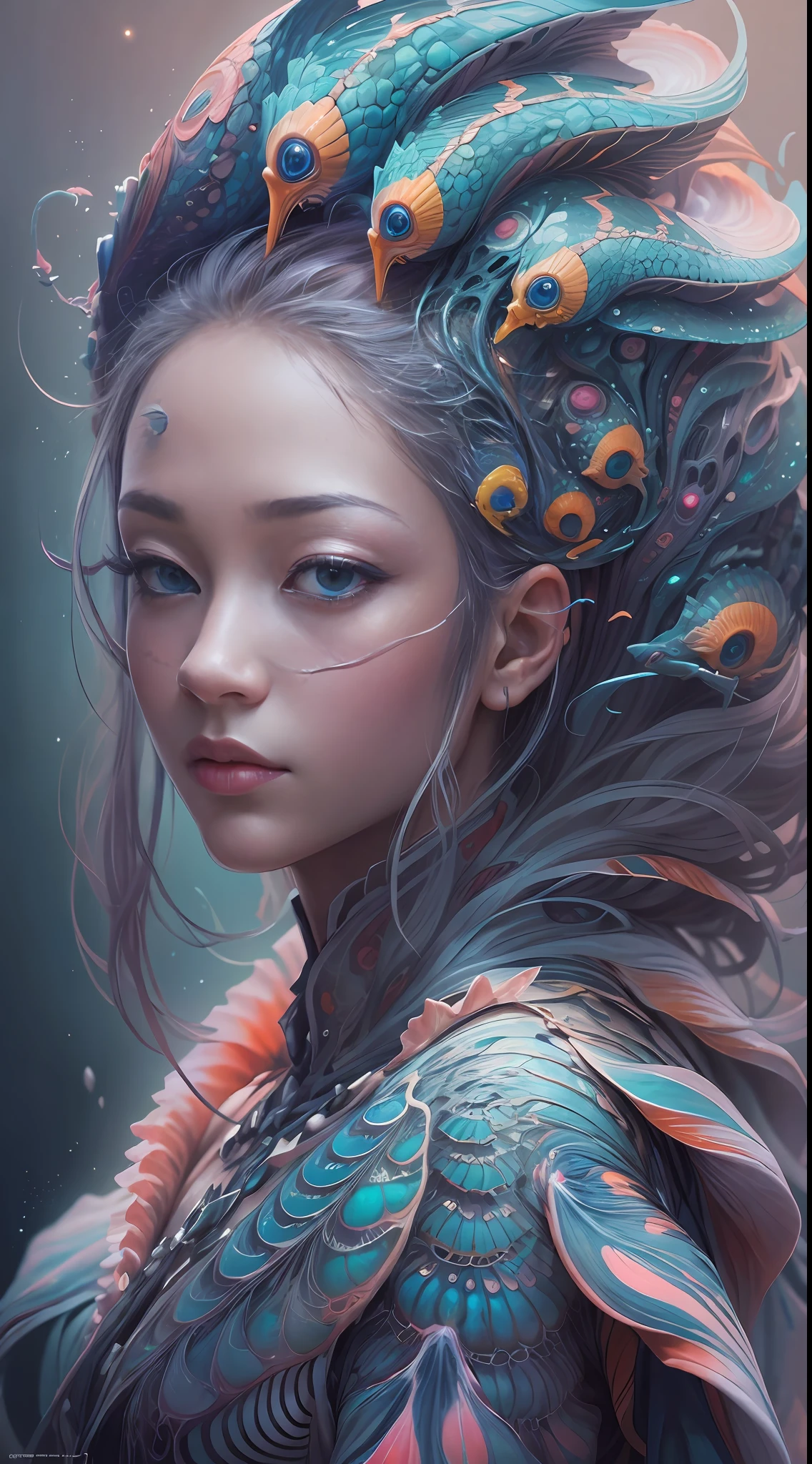 best qualtiy，tmasterpiece，超高分辨率，（photograph realistic：1.4），ultra-realistic realism，Dream-like，The beautiful blue-skinned goddess wears a phoenix peacock on her head, Nautilus, a betta fish，The creation of fantasy，Brain conch，Dream Conch，Biopunk Nautilus，Thrilling color scheme， ultra-realistic realism， abstracted， psychedelia,